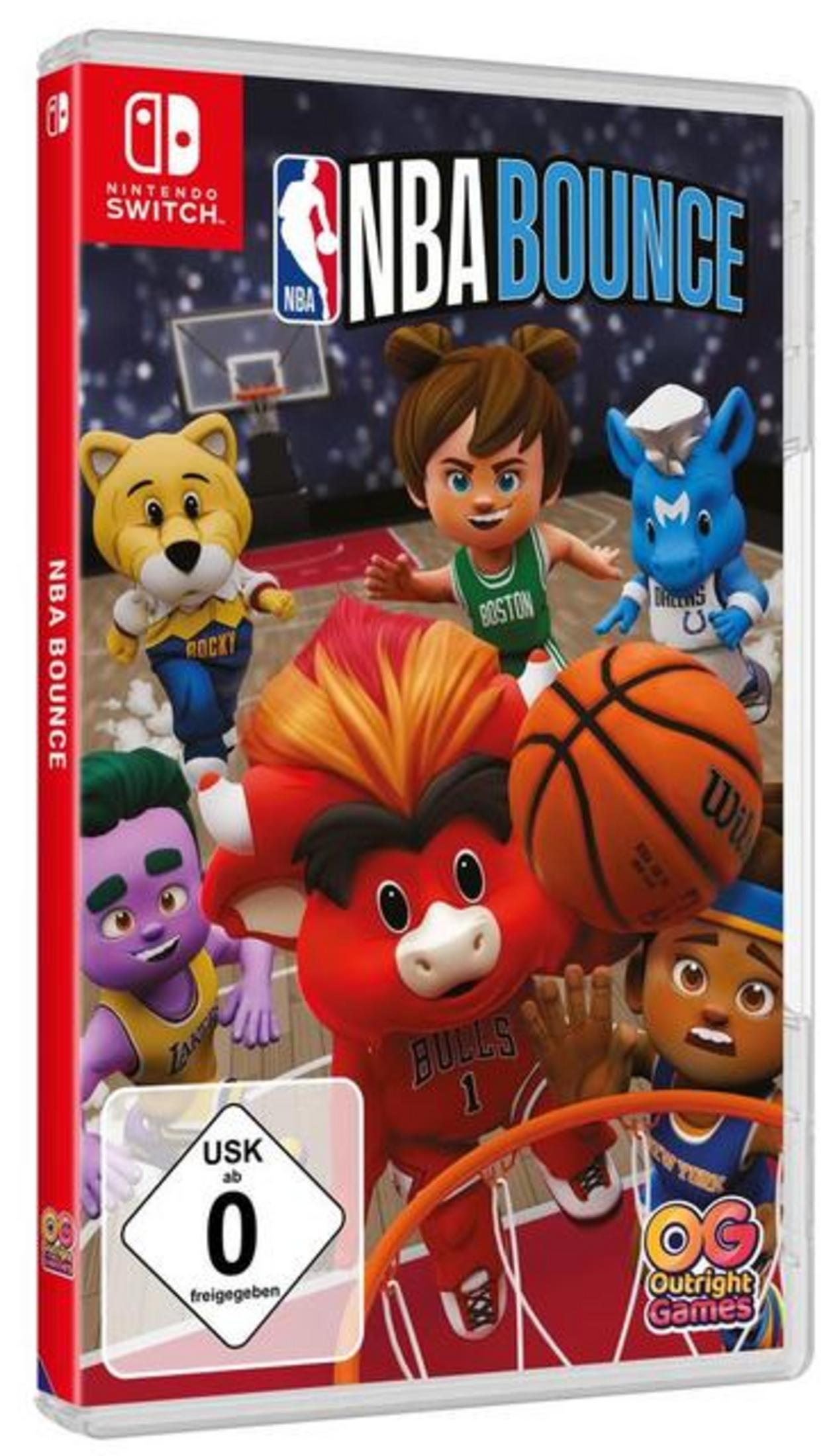 Gioco Nintendo Switch "NBA Bounce" con mascotte cartoni animati colorati su campo da basket.
