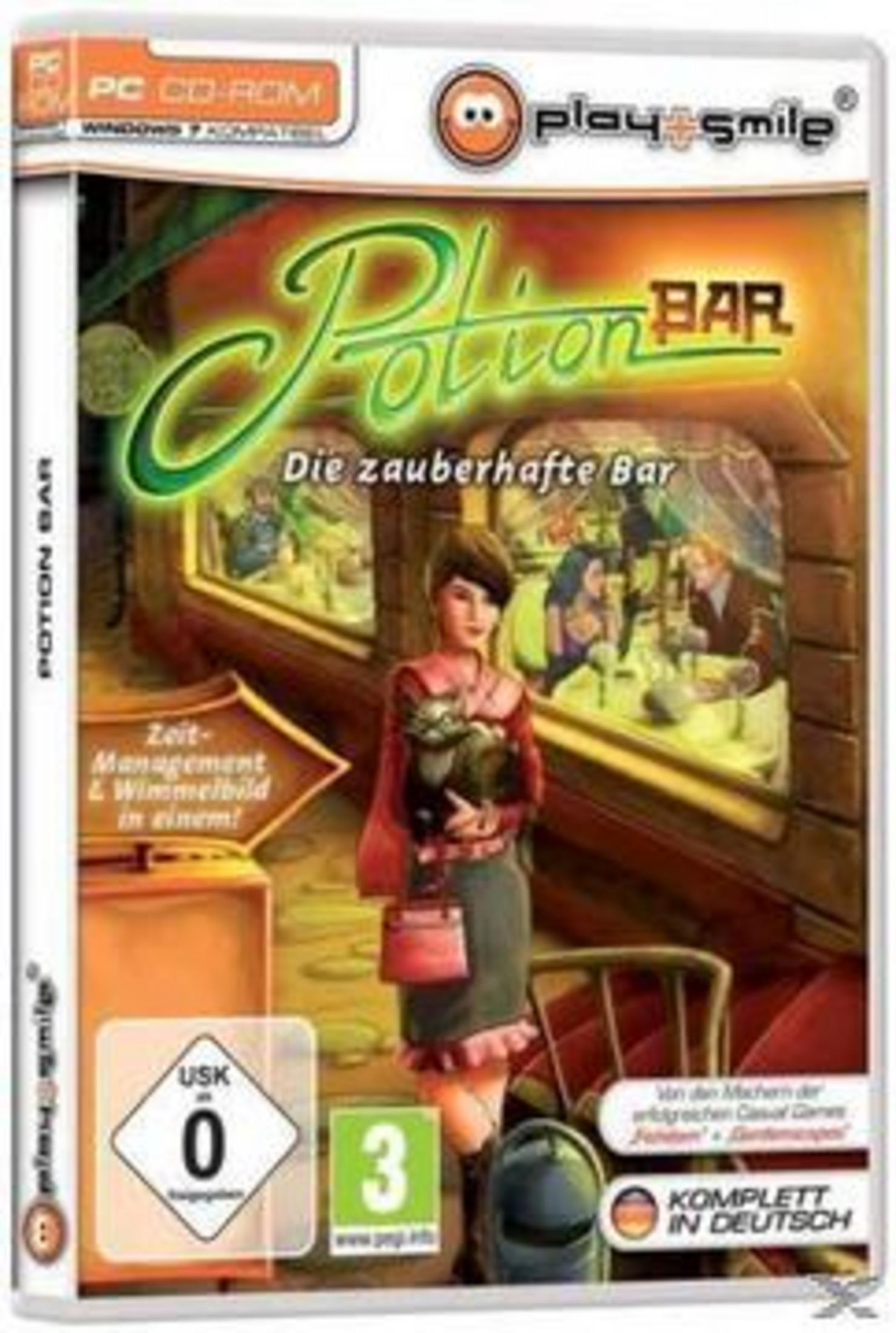 Ein Spielcover für 'Potion Bar' mit einer Frau, die eine Katze hält.