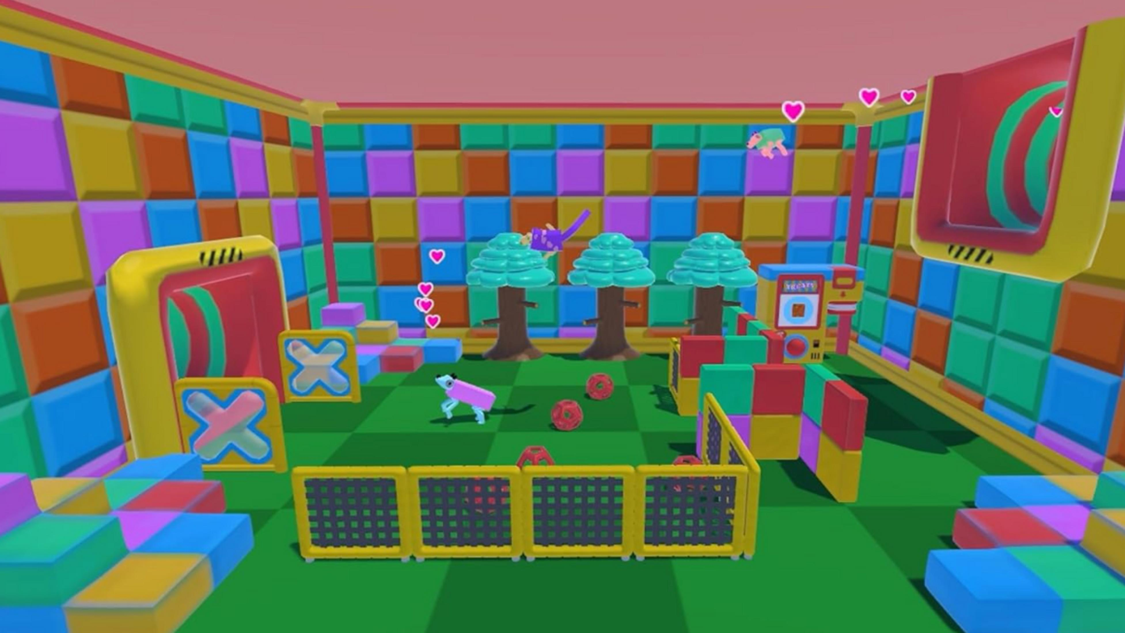 Mondo di gioco colorato con un cane, alberi e palline rosse.