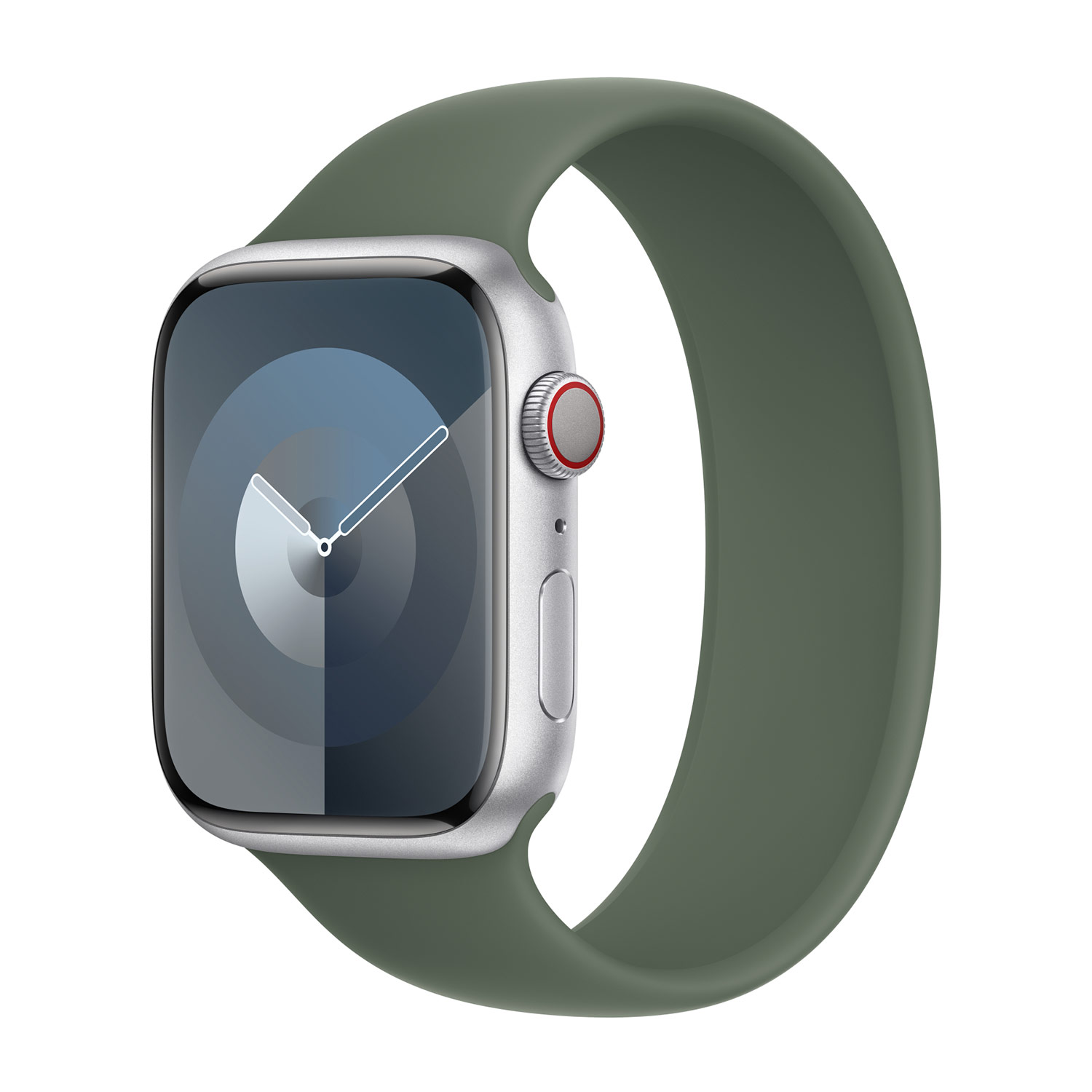 Een zilveren smartwatch met groene band en analoge wijzerplaat.