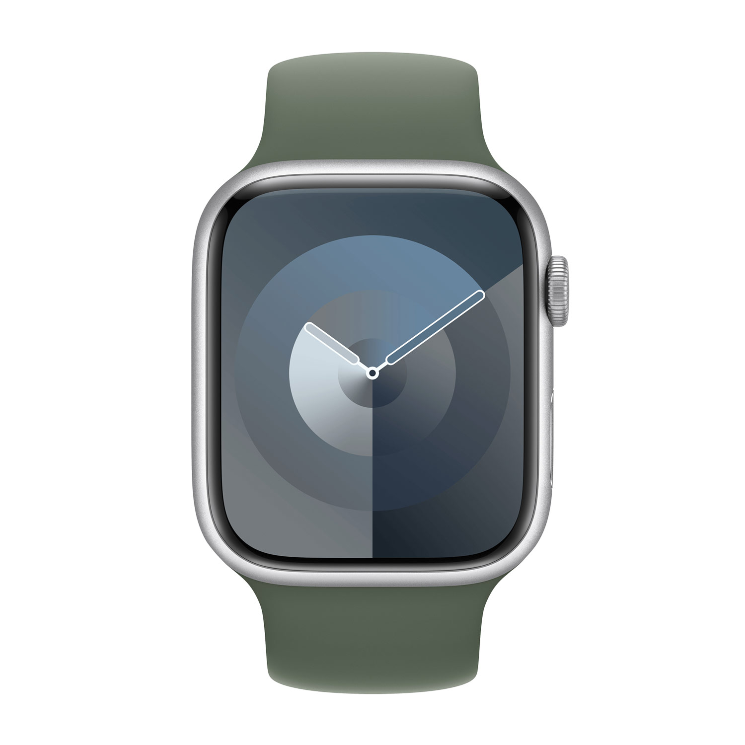 Een groene smartwatch met zilveren kast en abstracte wijzerplaat.
