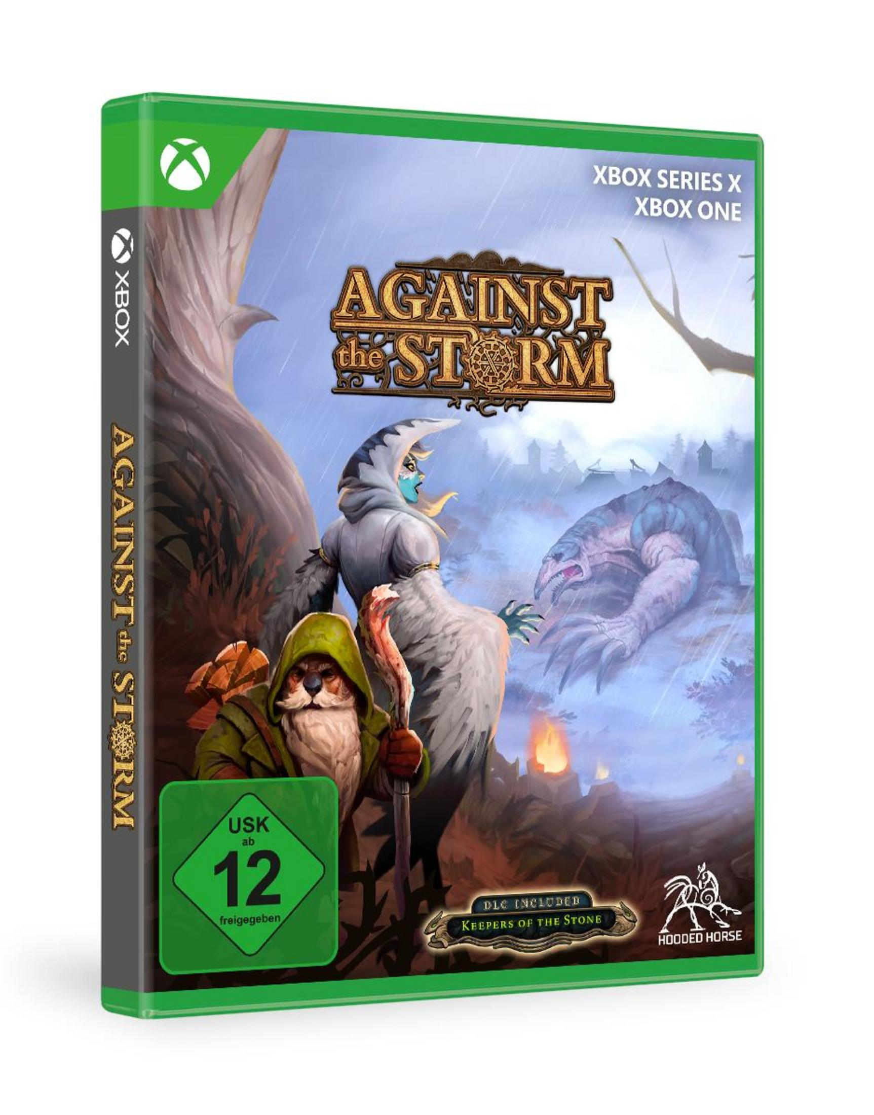 Xbox-Spielcover mit fantasia-Kriegern, einem Monster und dem Titel 'Against the Storm'.