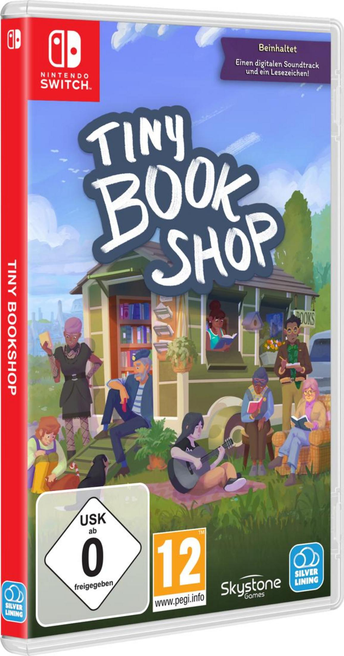 Buchhandlung mit Figuren, die vor und in einem Haus lesen und Musik machen.