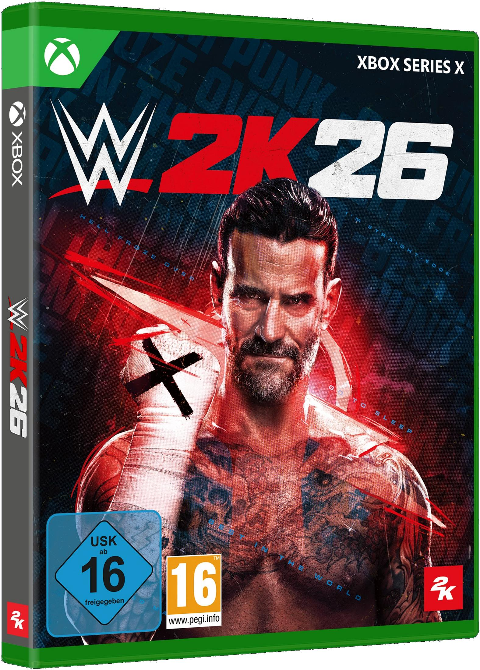 Copertina WWE 2K26 Xbox Series X con CM Punk, rating USK 16 e PEGI 16.