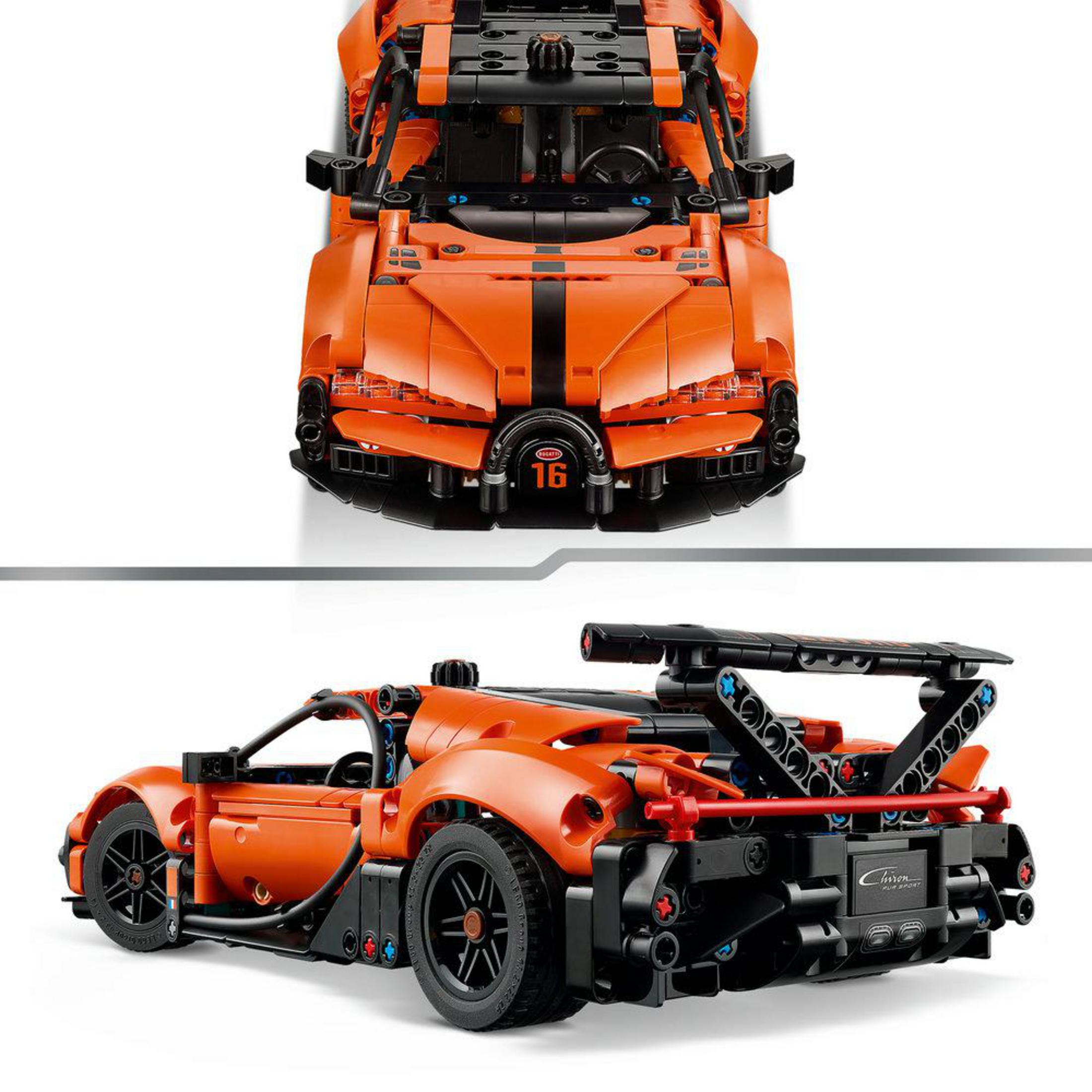 Pomarańczowy Lego Bugatti Chiron Pur Sport z czarnym pasem, widok z przodu i z boku.