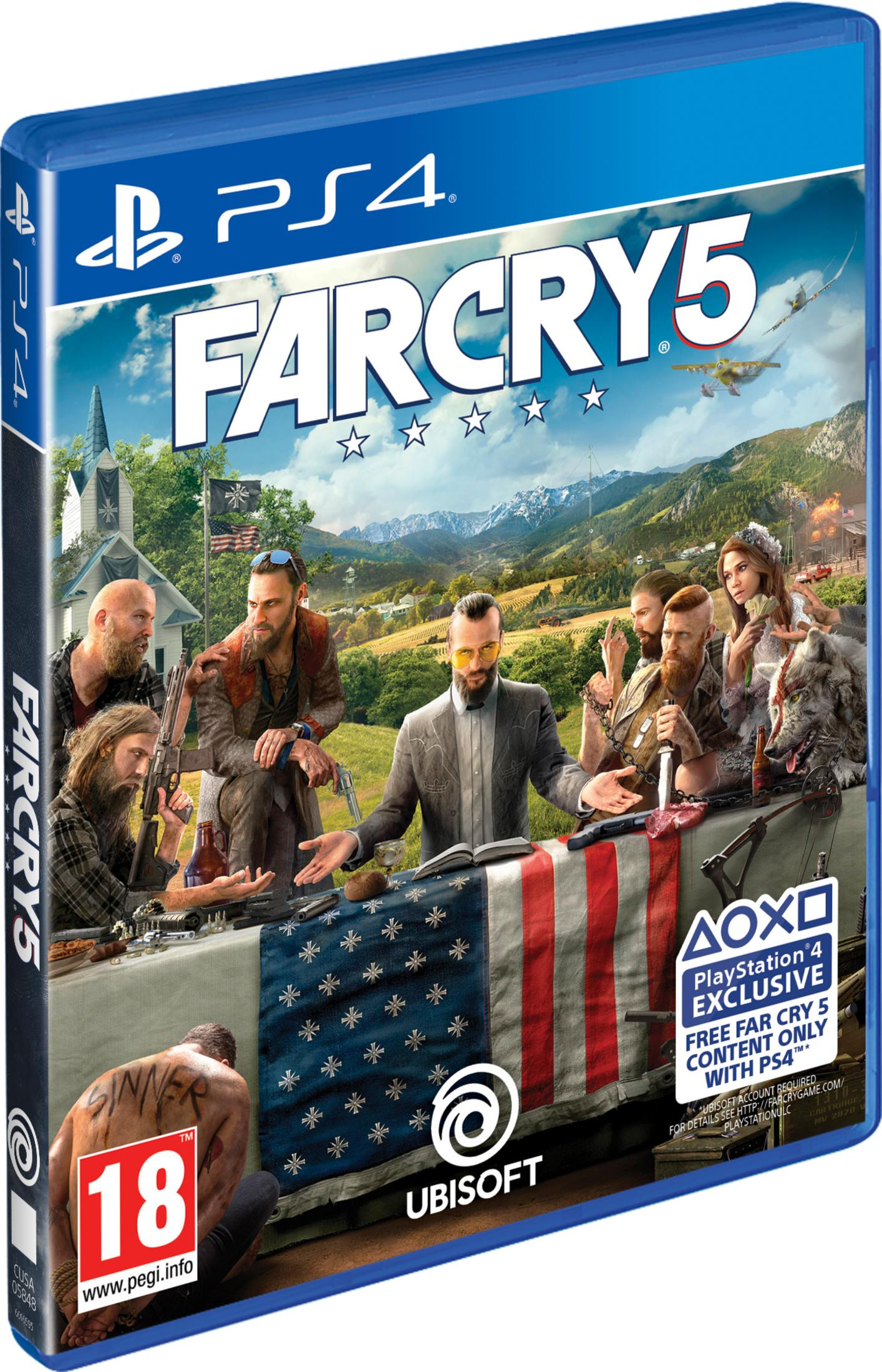 Far Cry 5 PS4 Hülle mit einer Gruppe von Männern, einer Frau, einem Wolf und einem Flugzeug.