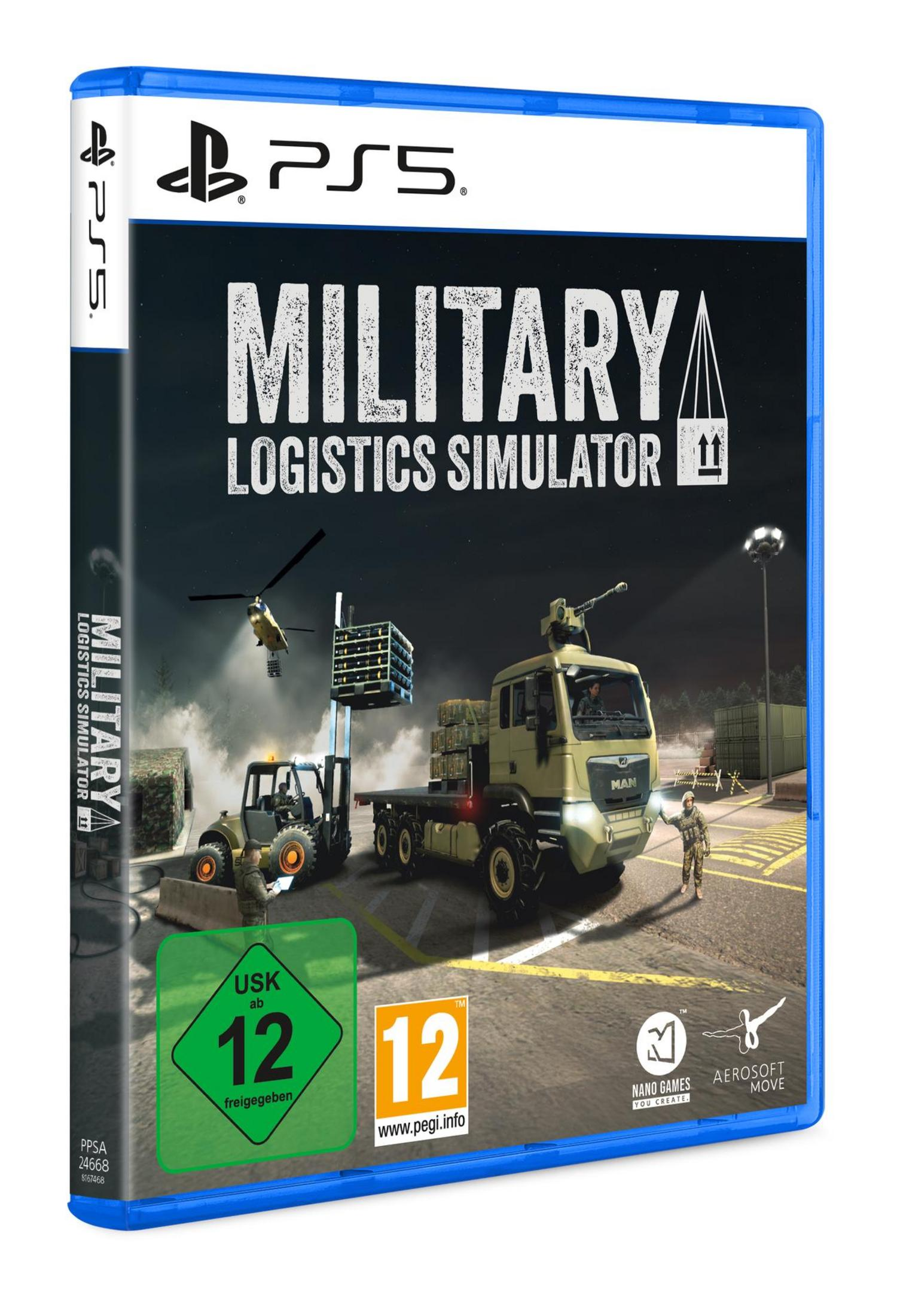 PS5 Spielcover: Militärfahrzeuge, Hubschrauber, Gabelstapler, LKW und Soldaten.