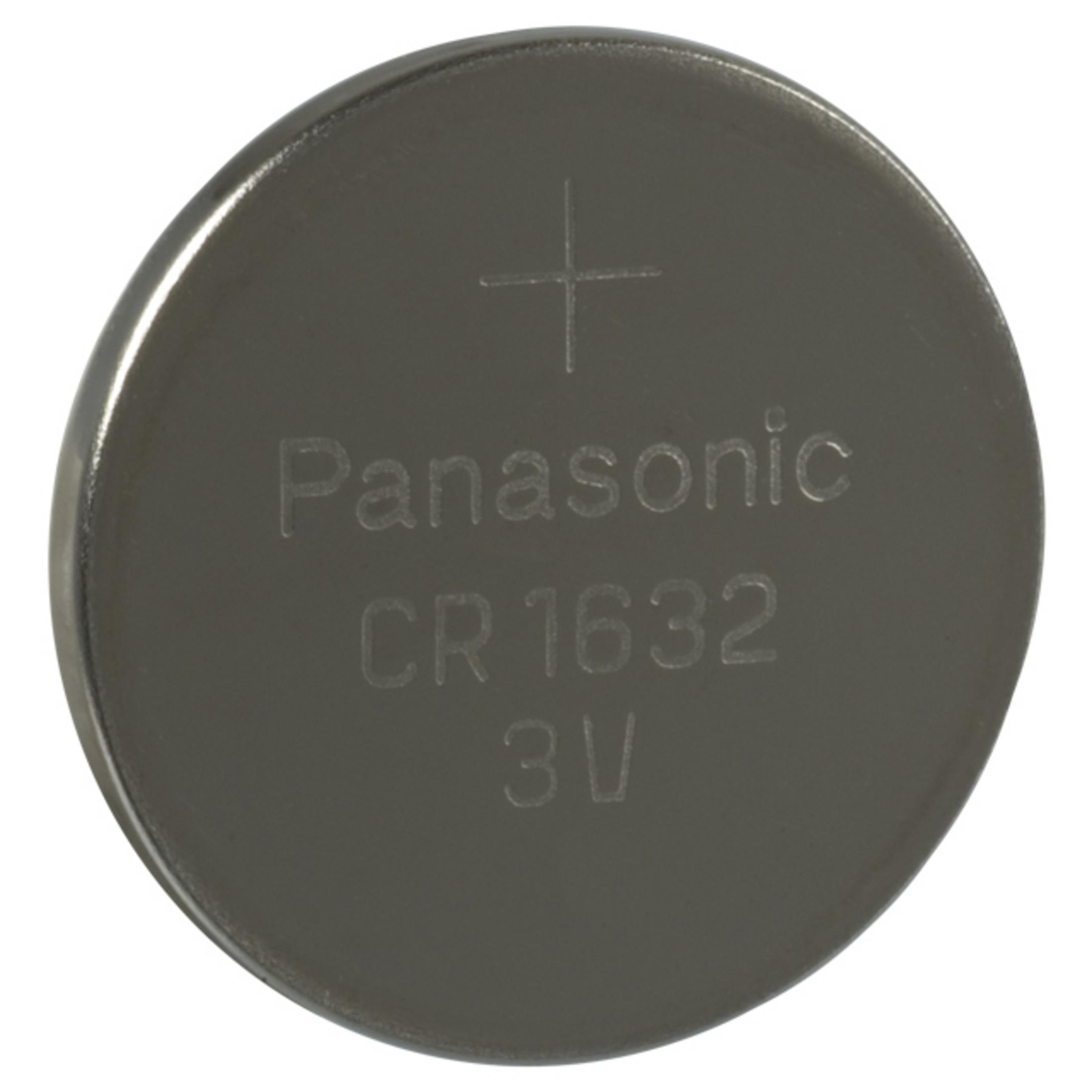 Eine graue Panasonic CR1632 3V Knopfzellenbatterie.