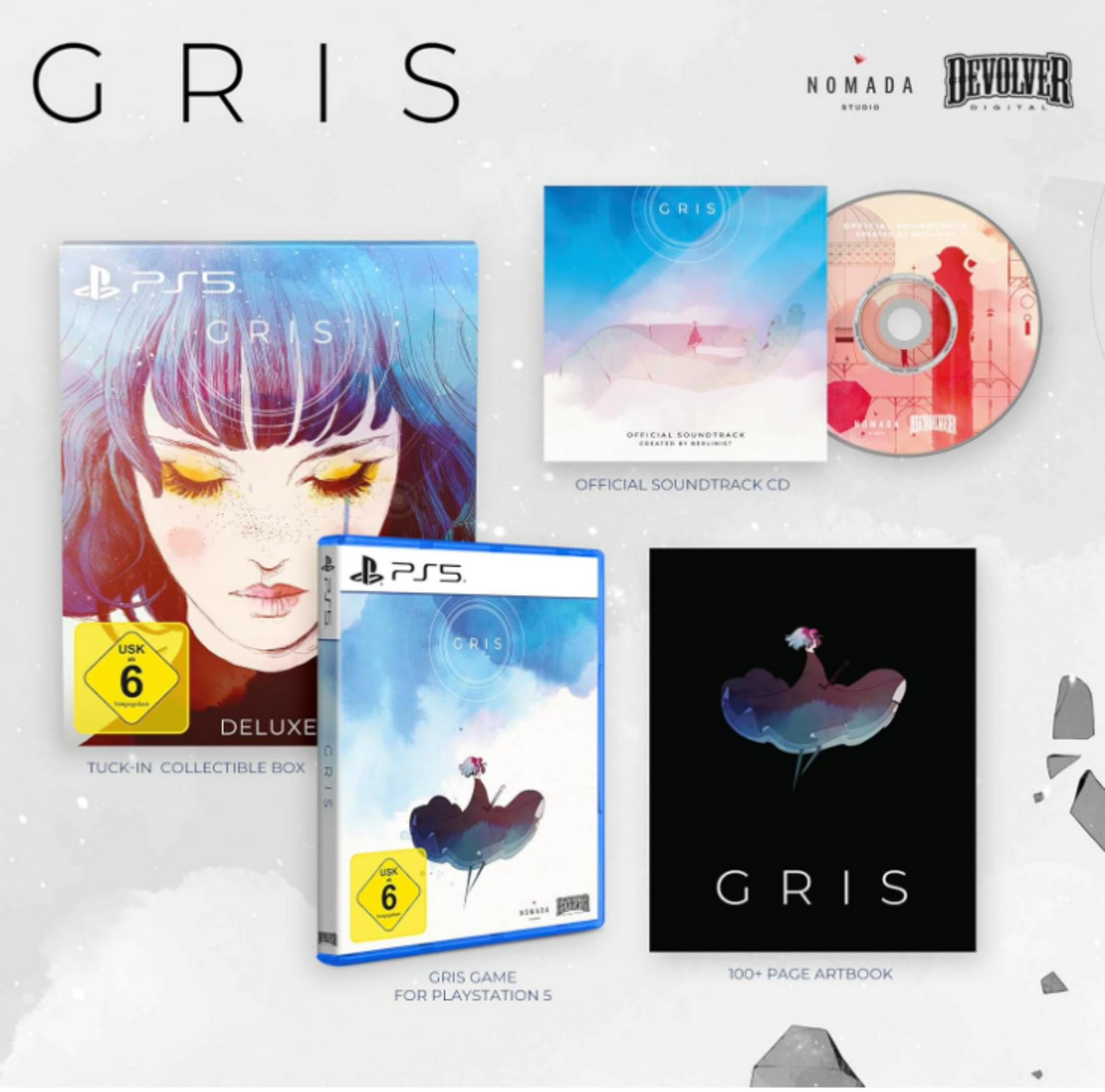 PS5-Spiel, Soundtrack-CD und Artbook des Spiels GRIS.