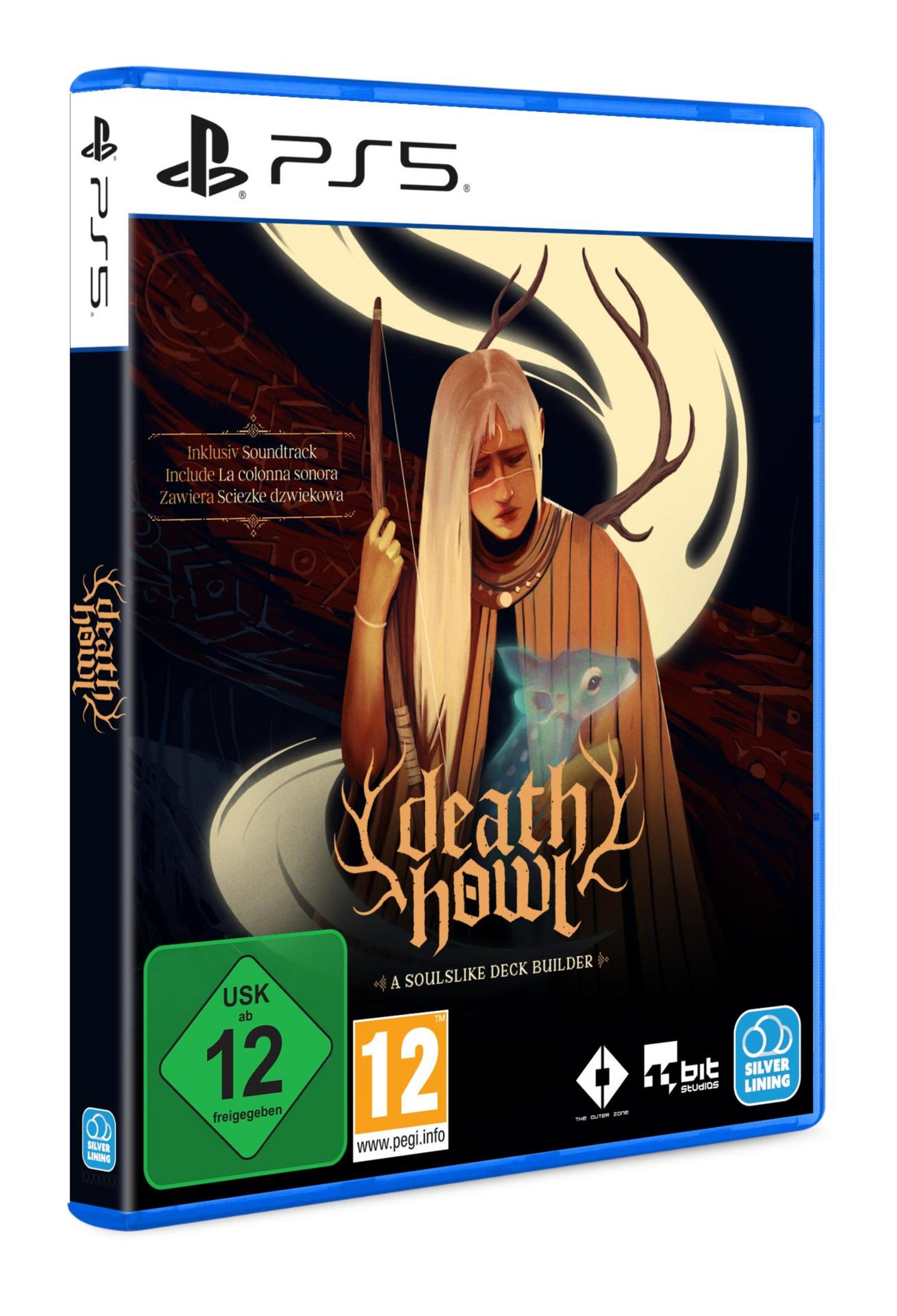 Boîte du jeu Death Howl PS5 avec figure mystique, animal esprit, note de bande-son et classification d'âge.