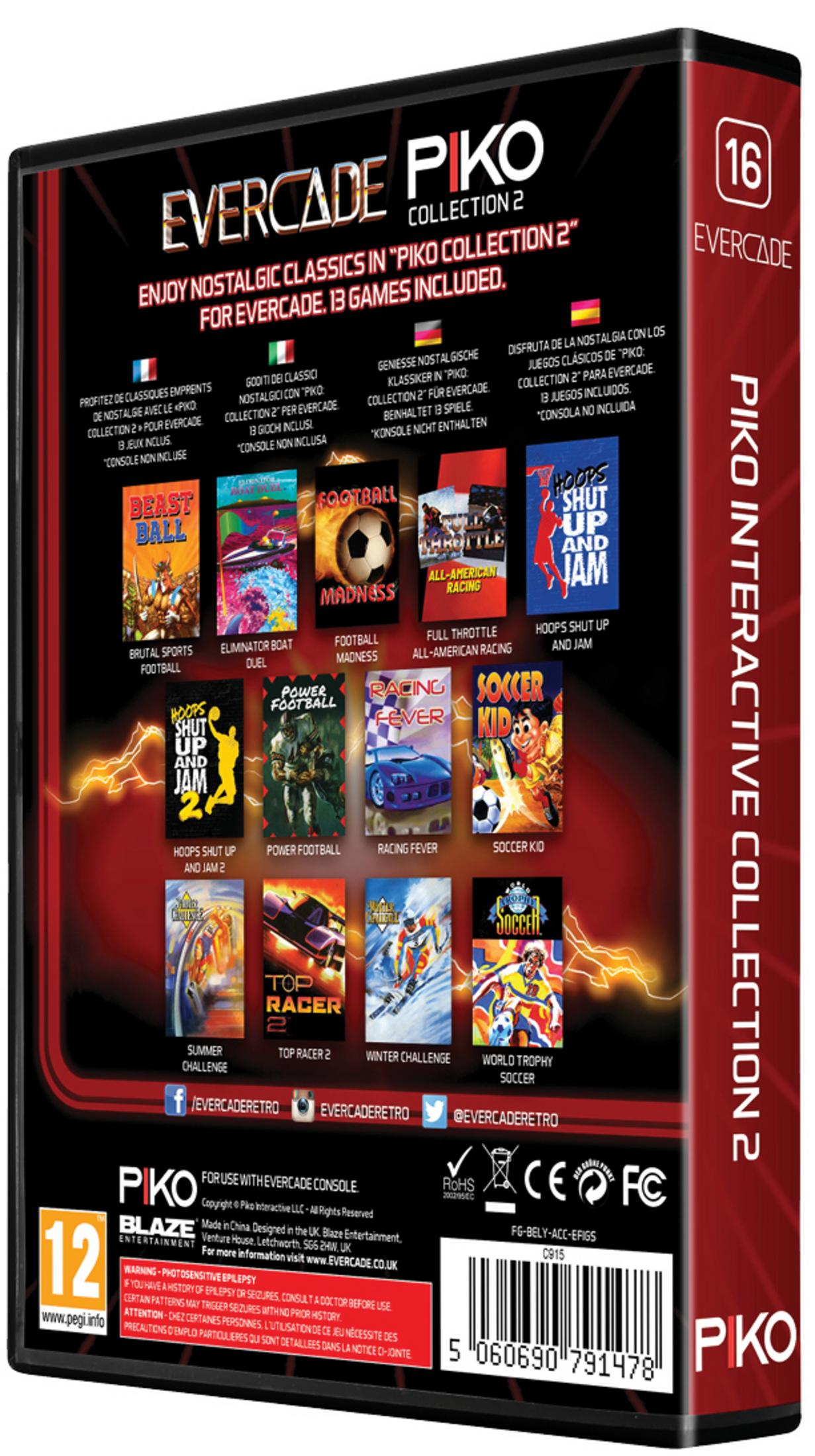 Funda del juego Evercade Piko Collection 2 con 13 títulos, incluyendo deportes y carreras.