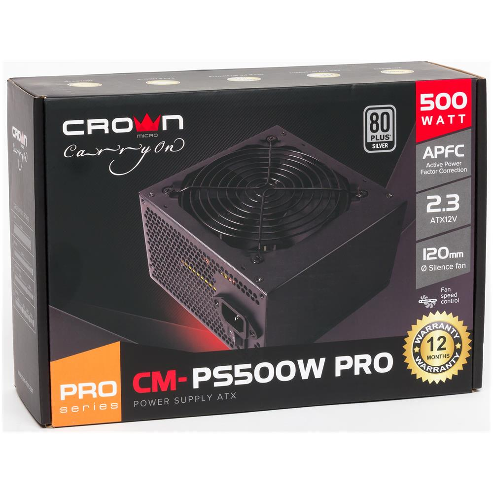 Scatola di alimentatore ATX CROWN 500W, con ventola e specifiche tecniche.