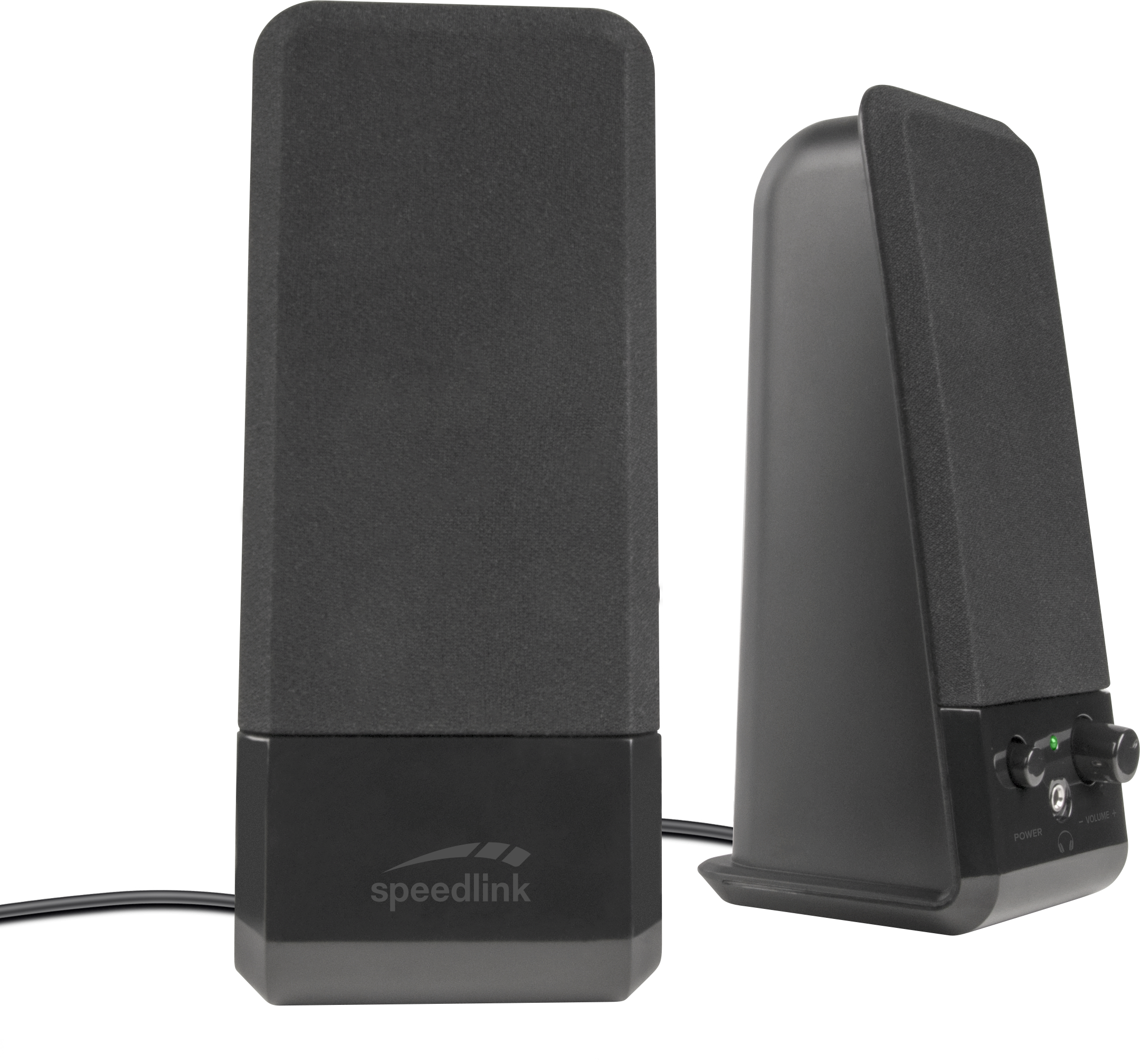 Two black speakers stand side-by-side, one with controls visible.