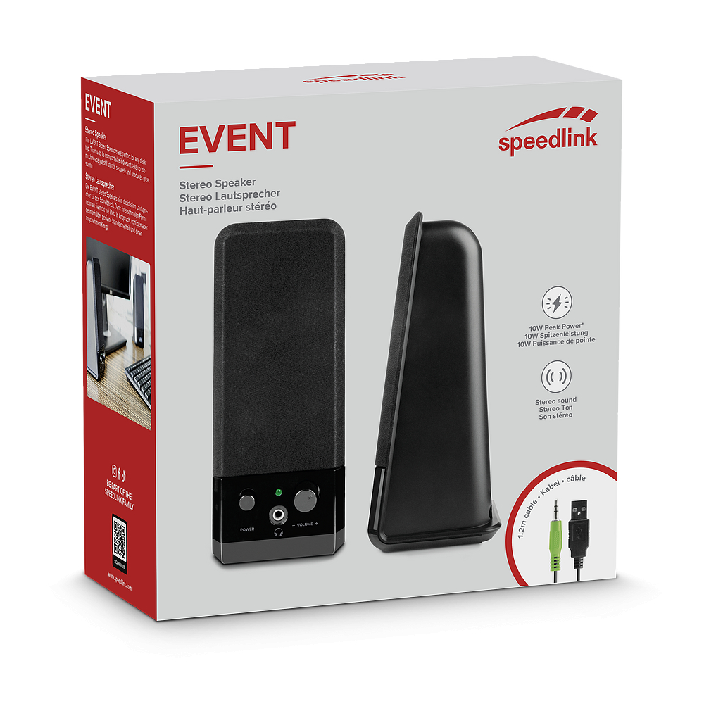 Black stereo speakers with Speedlink logo on packaging and technical details.