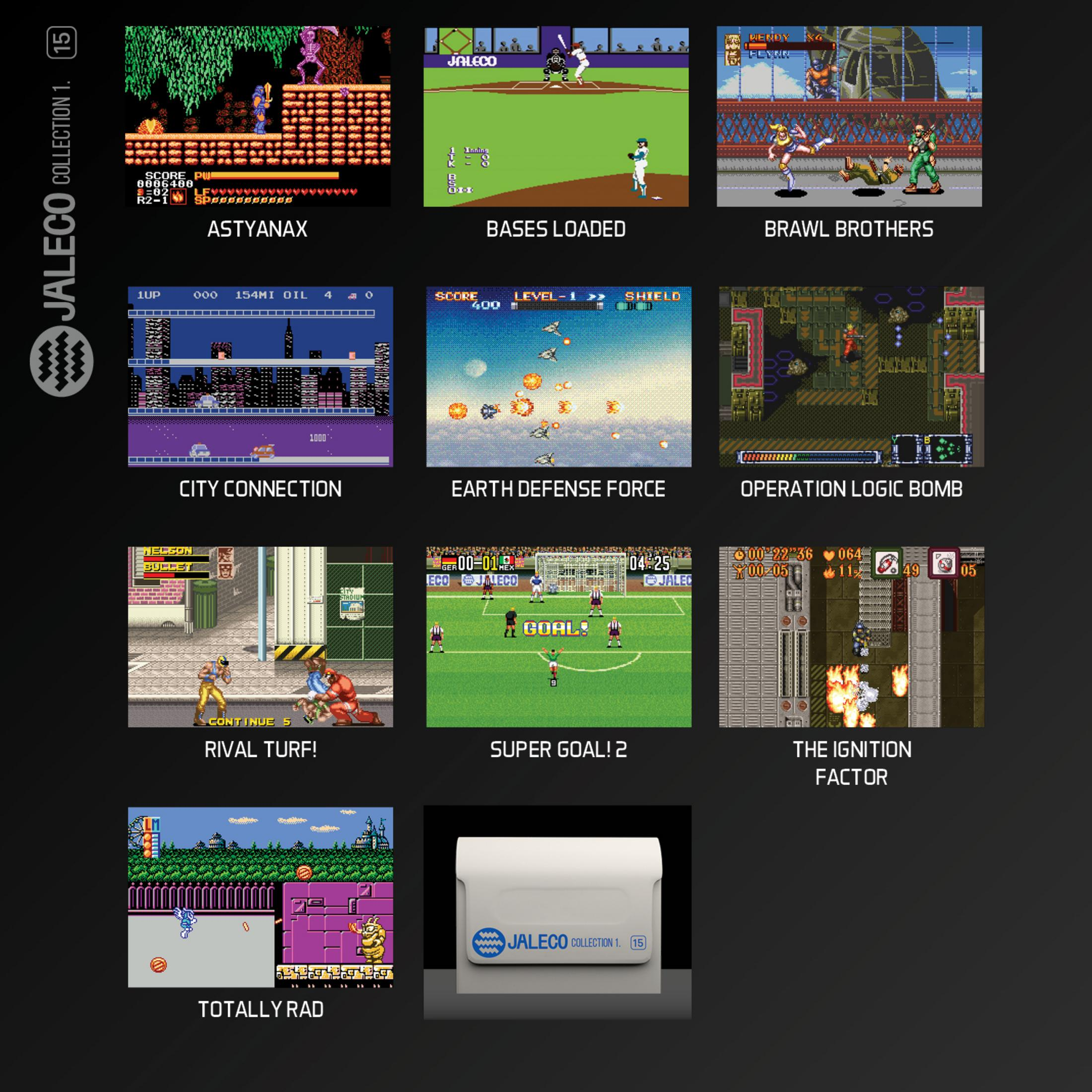 Grafika pikselowa z 9 gier wideo, w tym Astyanax, Bases Loaded i Brawl Brothers.