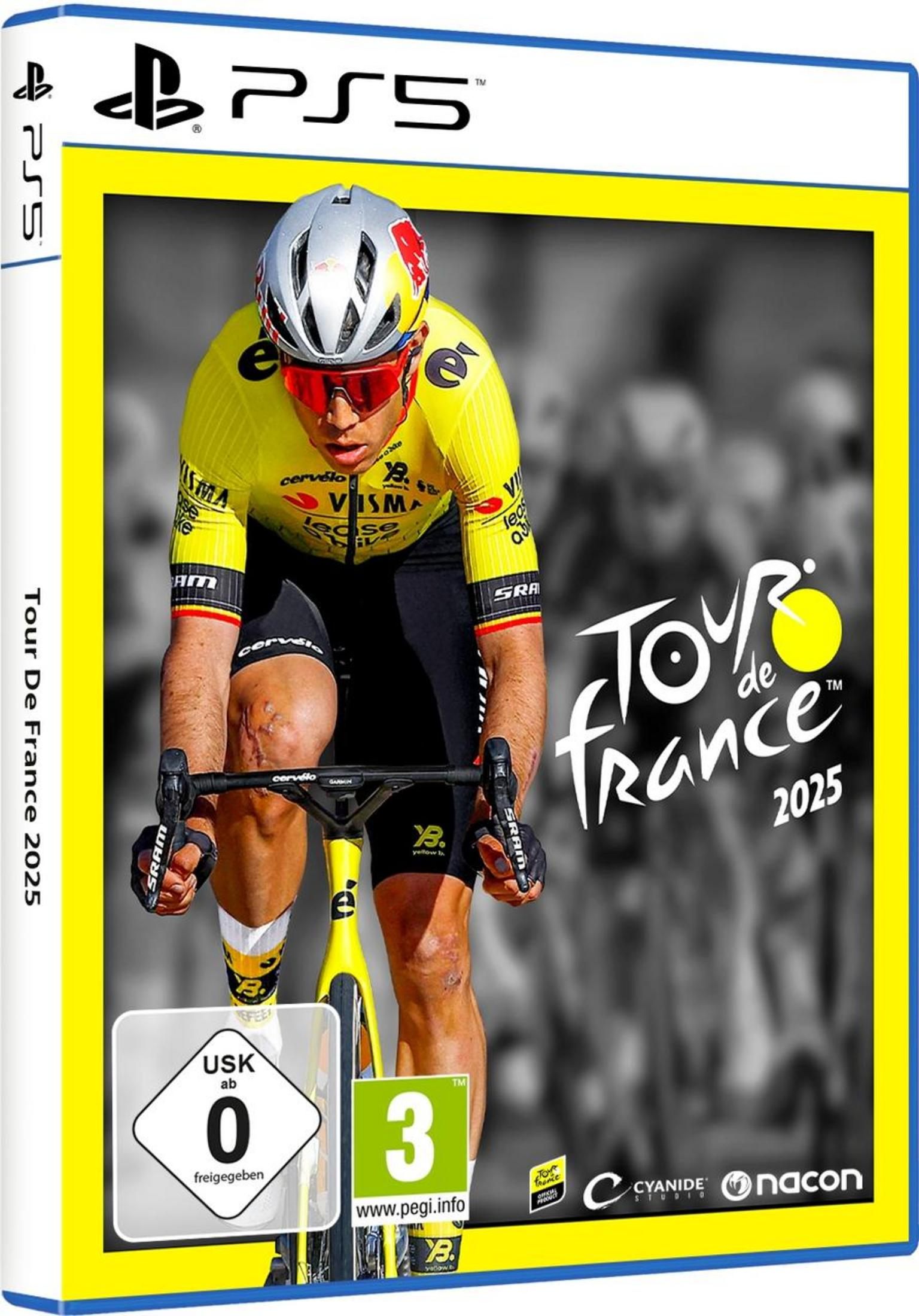 Ein Radfahrer im gelben Trikot fährt ein gelbes Rennrad. Tour de France 2025 Spielcover.