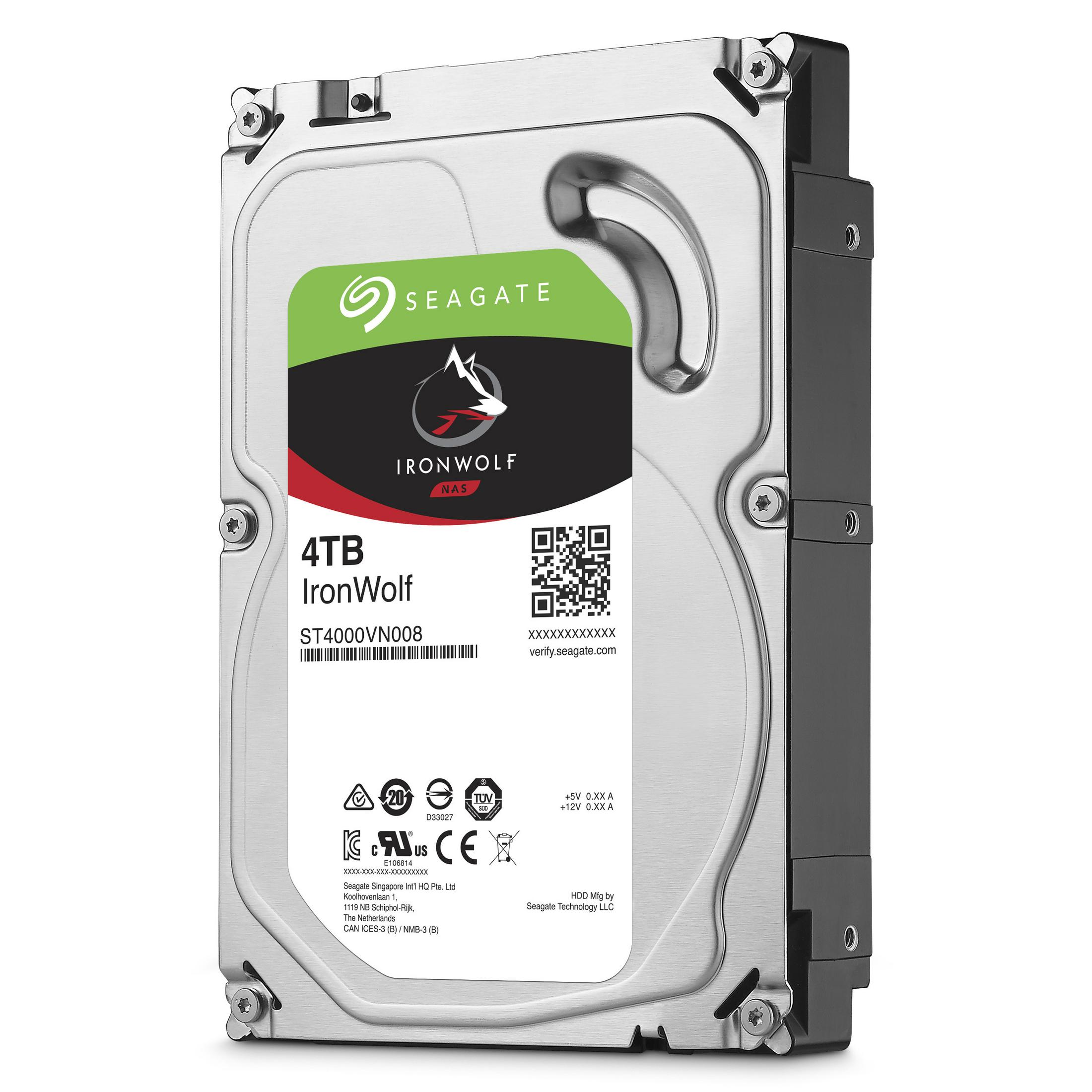 Seagate IronWolf 4TB NAS hard drive with silver casing and green label.