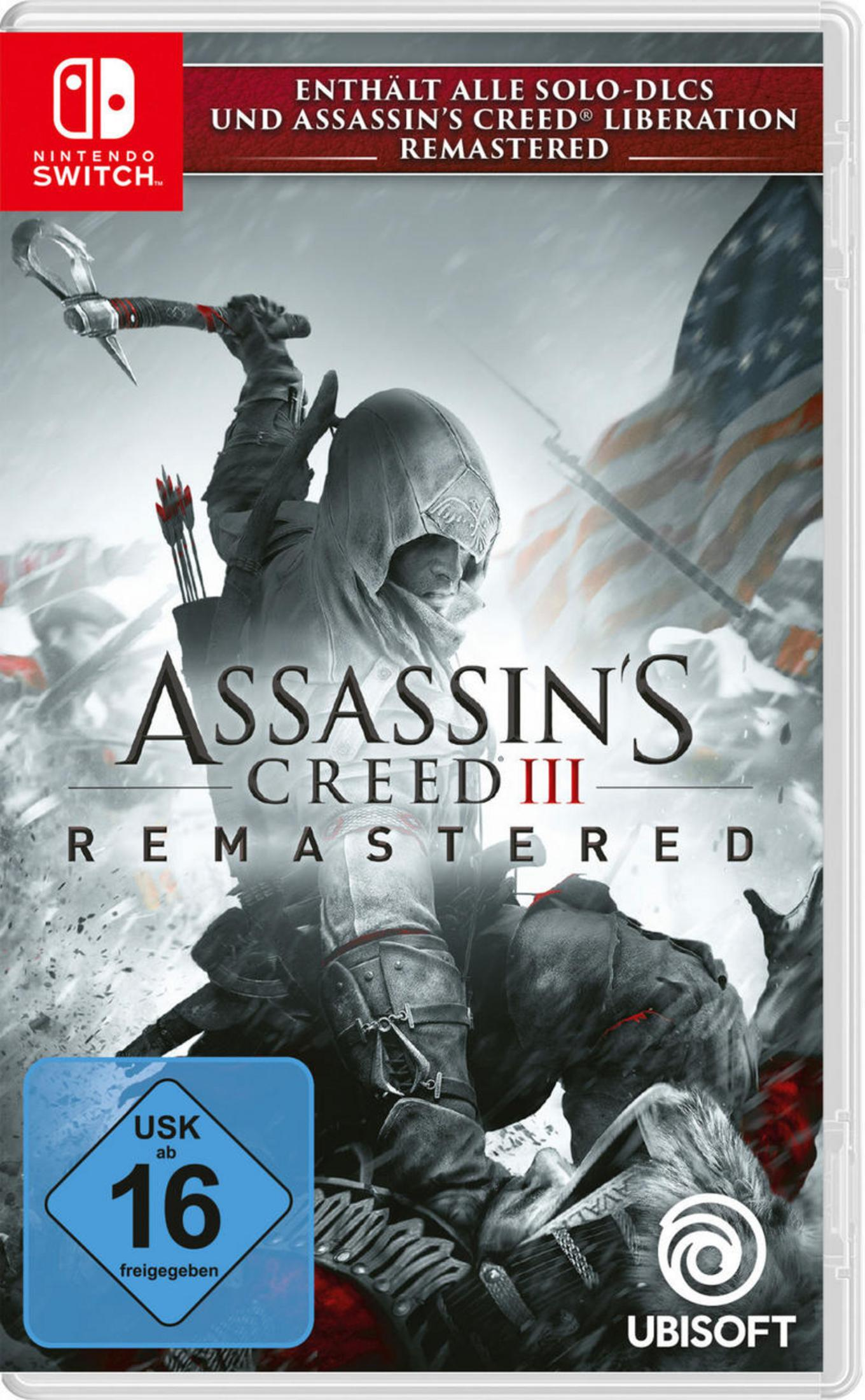 Cover von Assassin's Creed III Remastered für Nintendo Switch mit einer Figur im Kapuzenpullover.