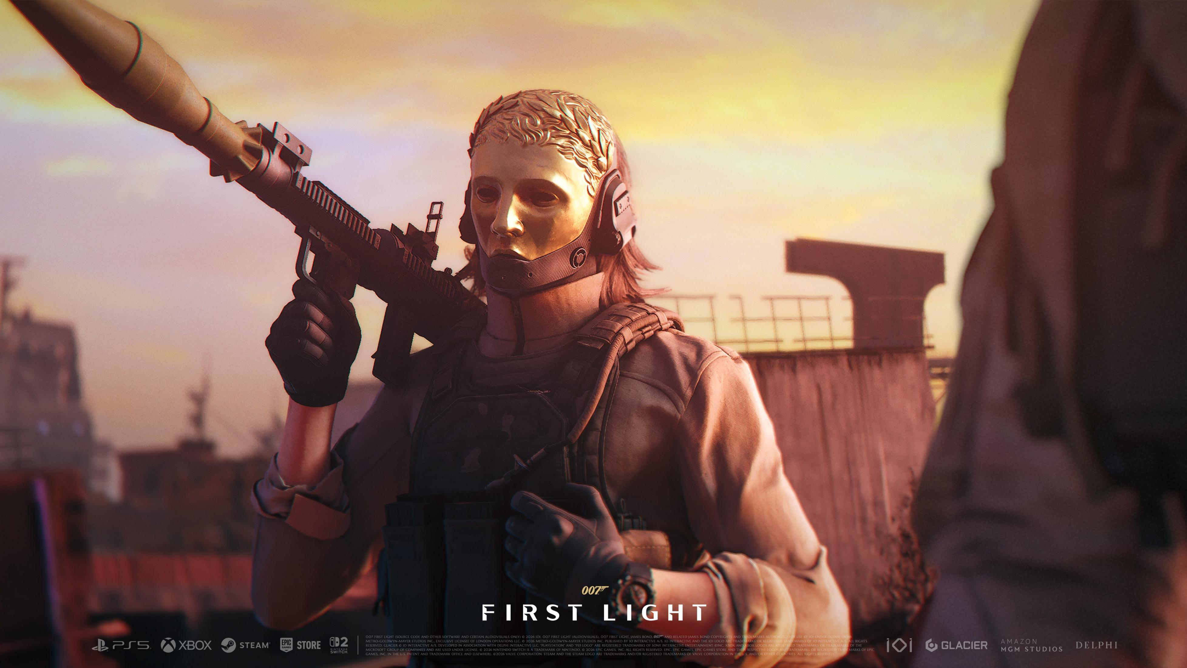 Eine Person mit goldener Maske und Waffe vor einem Sonnenuntergang.