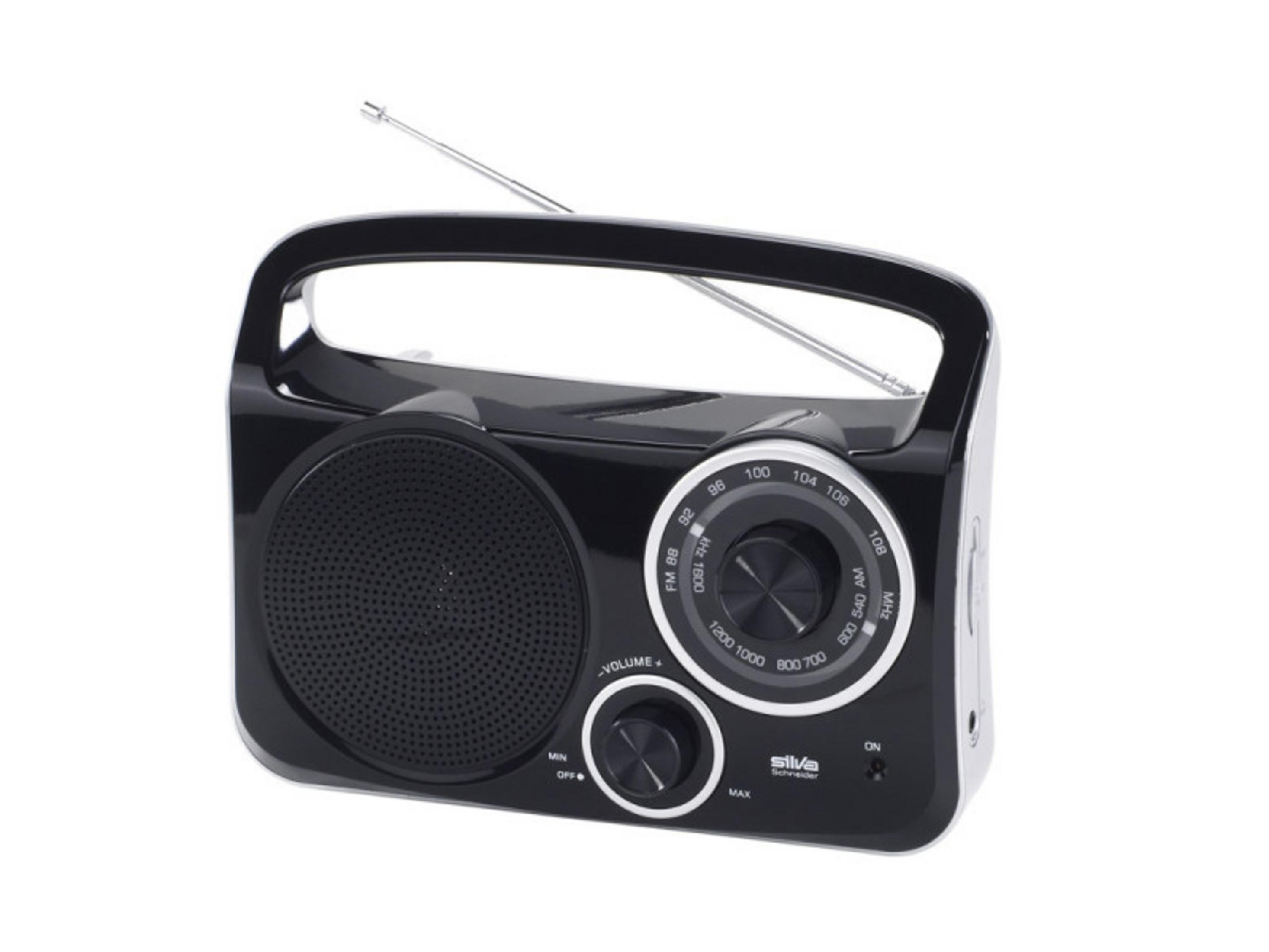 Ein schwarzer, tragbarer Radio mit Antenne und Drehreglern für Lautstärke und Frequenz.