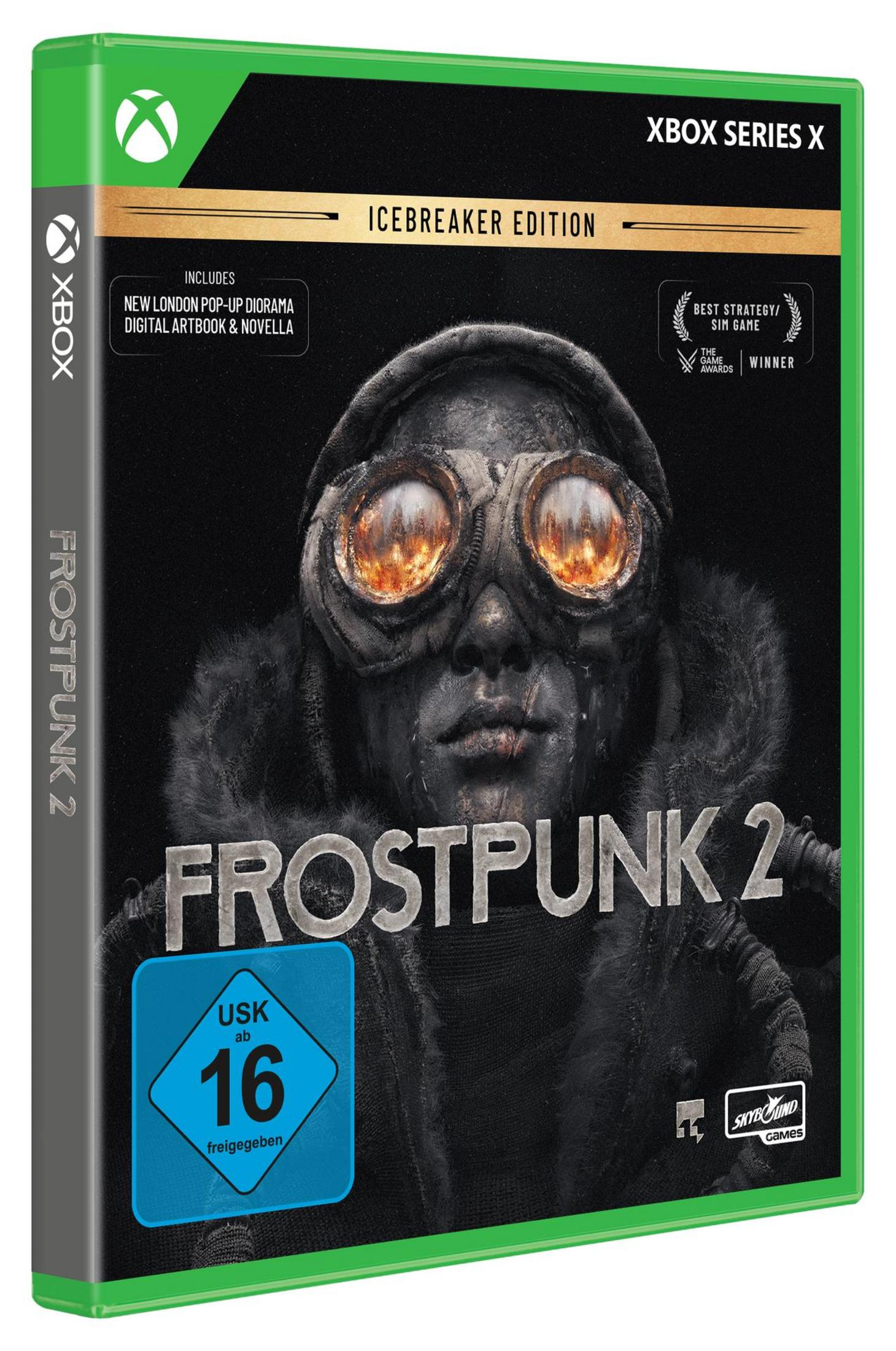 Frostpunk 2 Spielhülle für Xbox Series X mit düsterem Charakter und dem USK 16 Siegel.