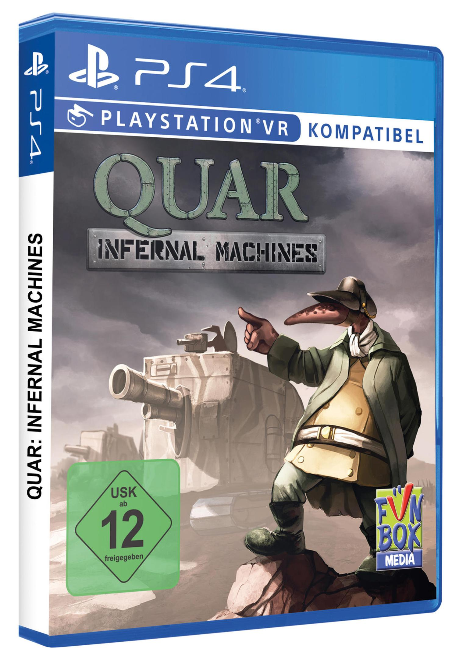 PS4 Spielcover: Ein Wesen mit Schnabel und Hut zeigt auf eine Maschine.