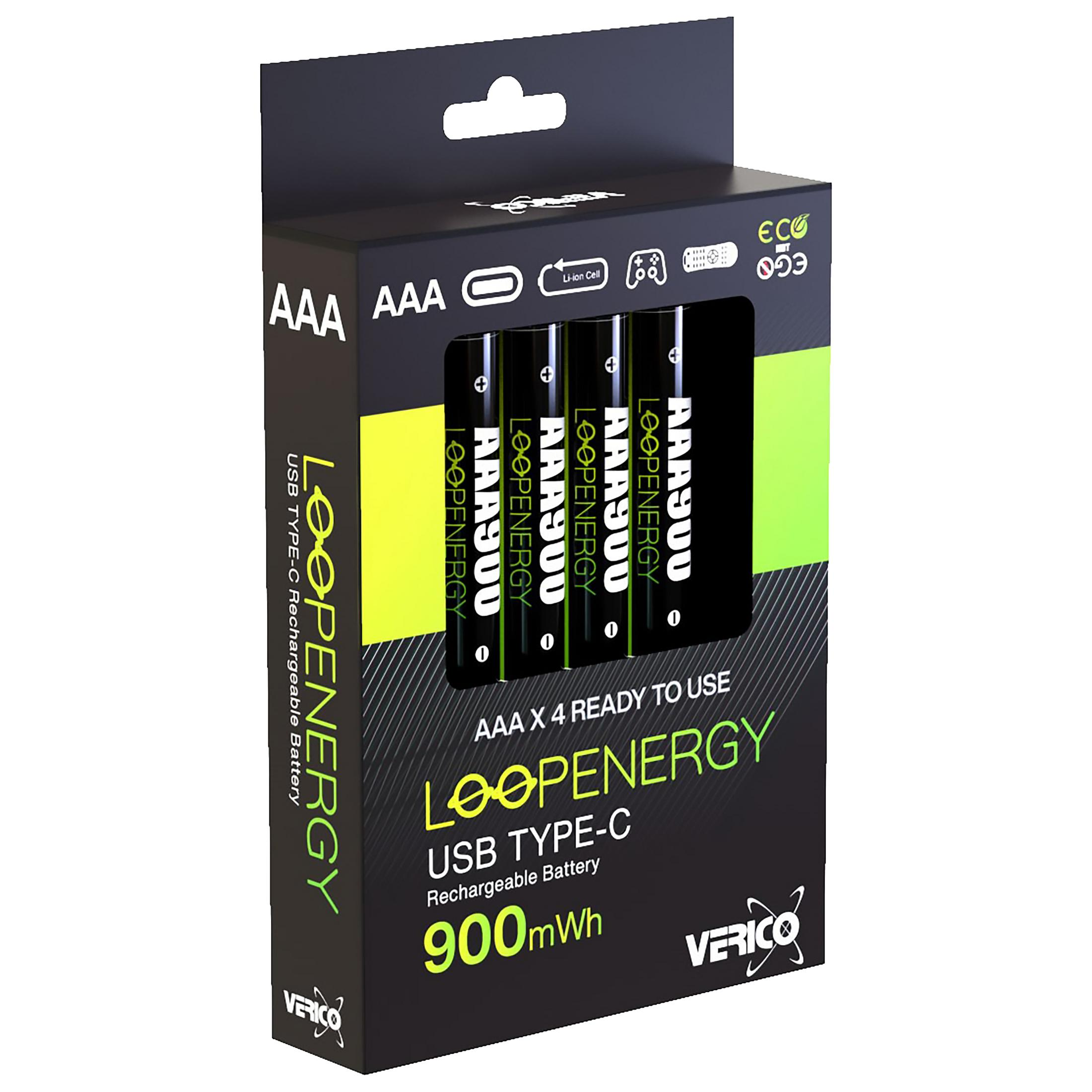 Verpackung mit vier AAA-Batterien von Loopenenergy, wiederaufladbar, USB-C.
