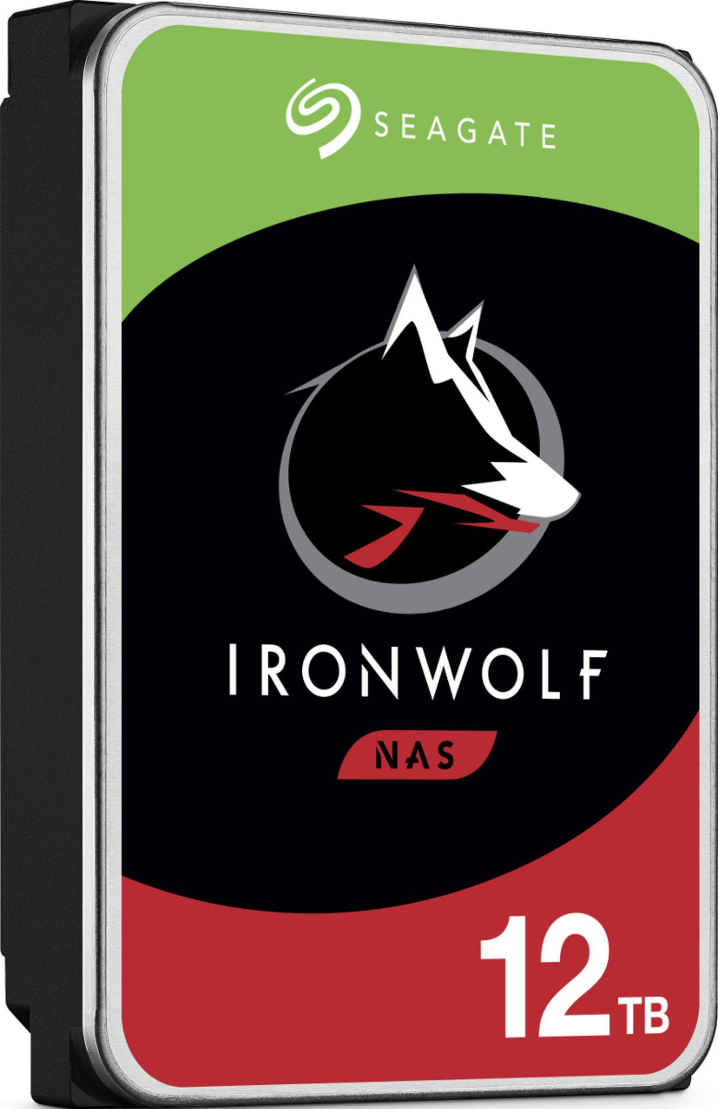 Seagate IronWolf 12TB harde schijf met wolfskop logo en rood/groen design.