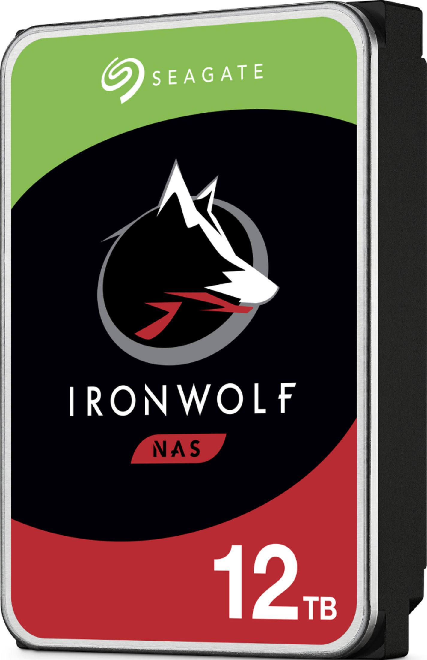 Seagate IronWolf 12TB NAS harde schijf met wolfskop logo.