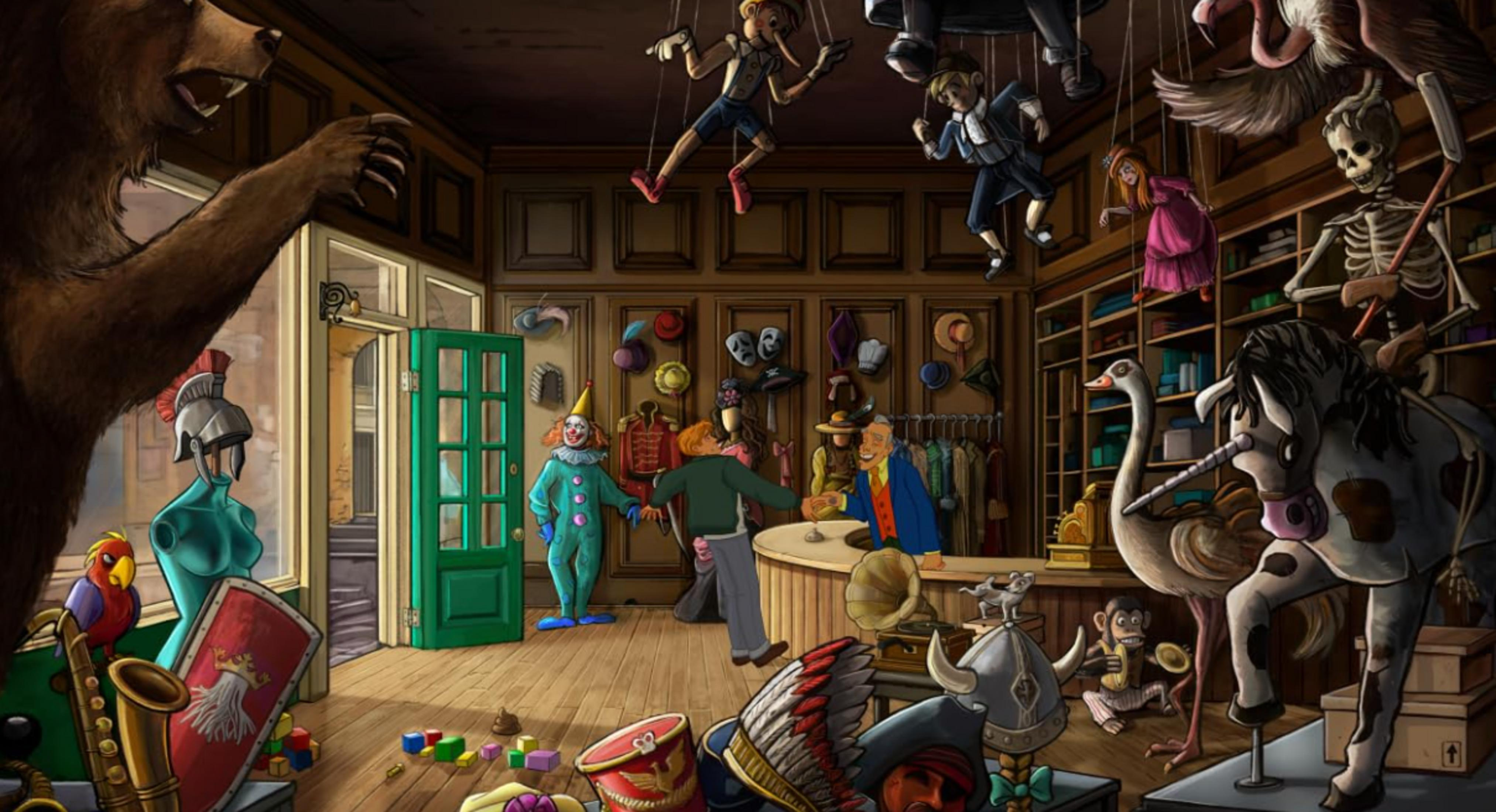 Una testa d'orso, marionette, un clown e oggetti strani in un negozio.