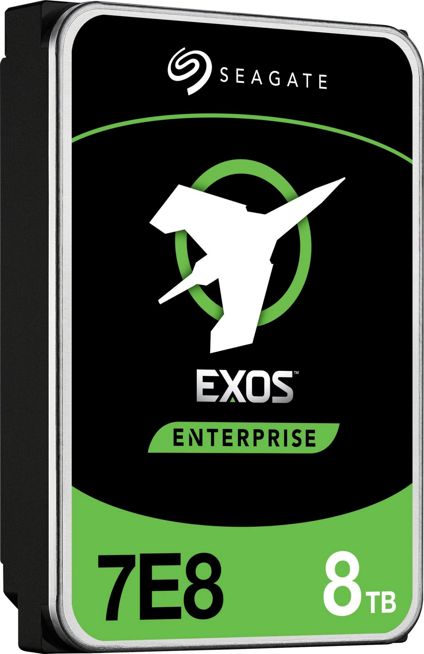 Disco duro Seagate Exos Enterprise de 8TB con logo blanco y acentos verdes.