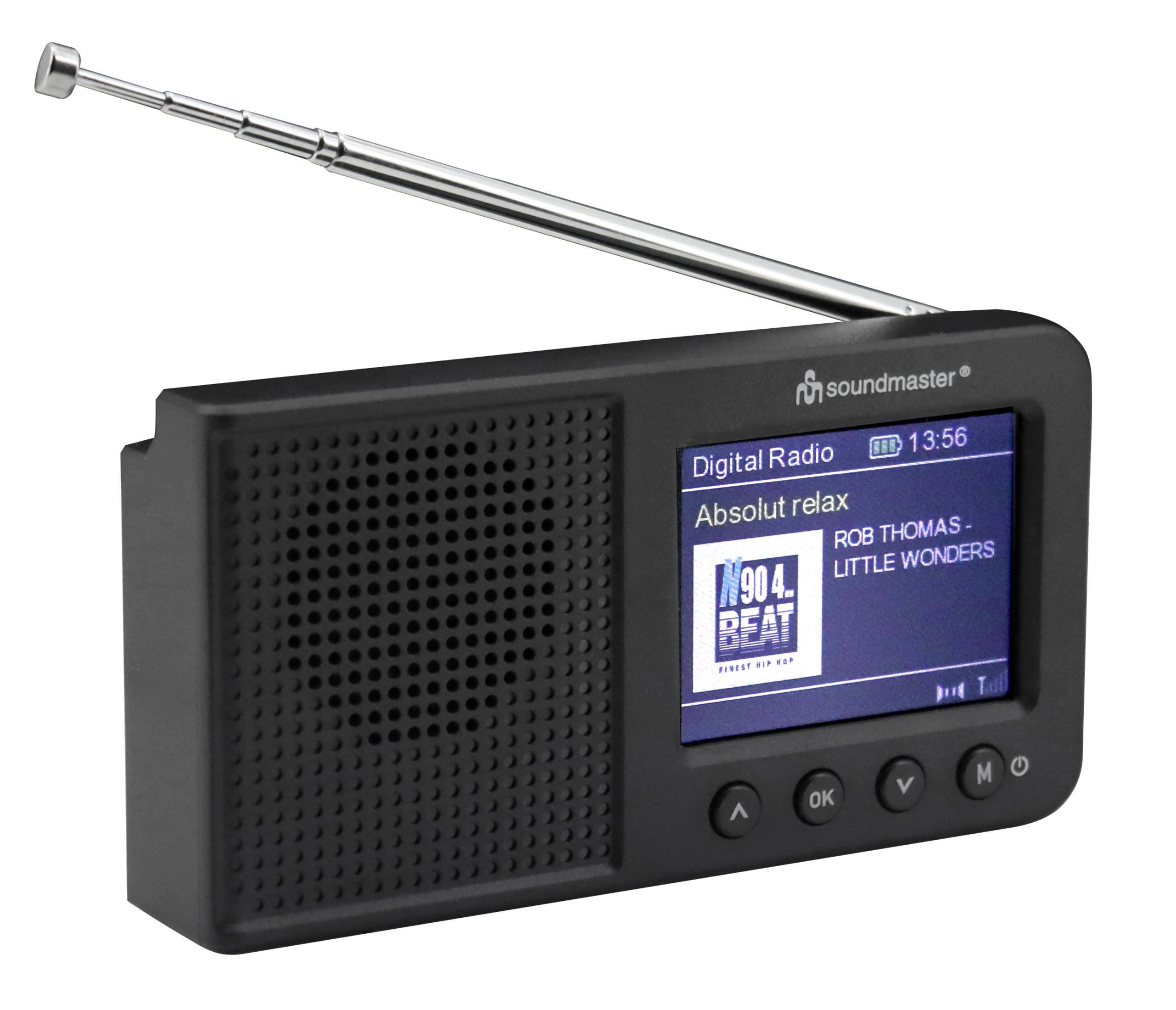 Une radio numérique noire avec antenne déployée et écran.
