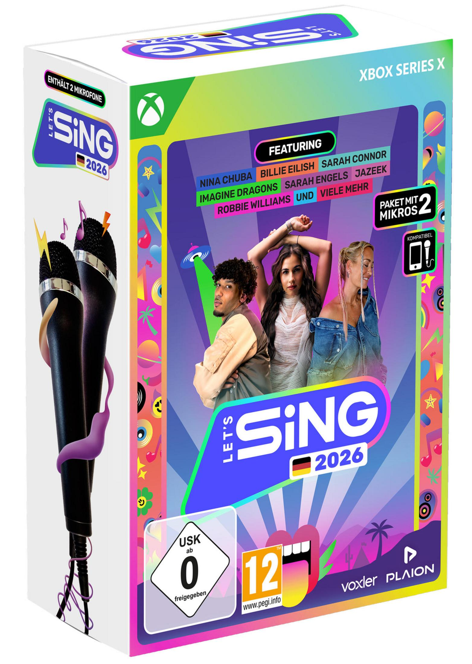 Xbox Series X Spiel "Let's Sing 2026" Box mit Mikrofonen, Künstlern und Altersfreigabe.