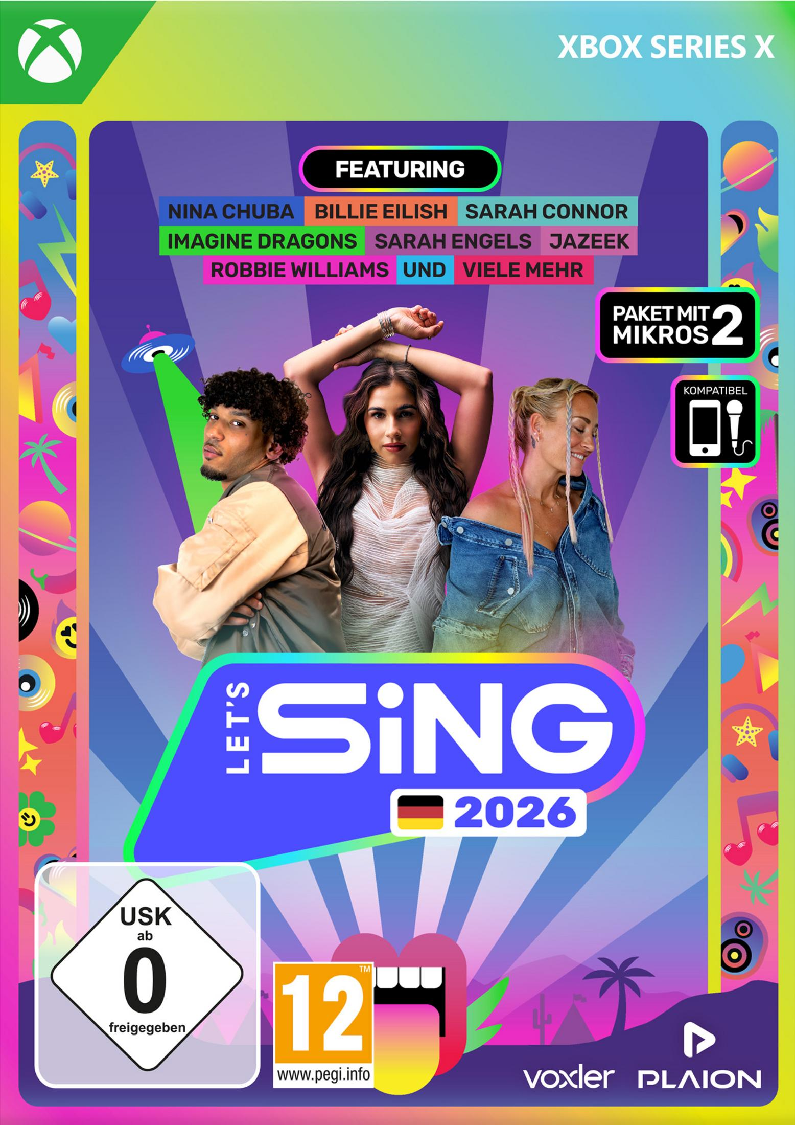 Cover von Let's Sing 2026 für Xbox Series X mit drei Sängern und Künstlernamen.