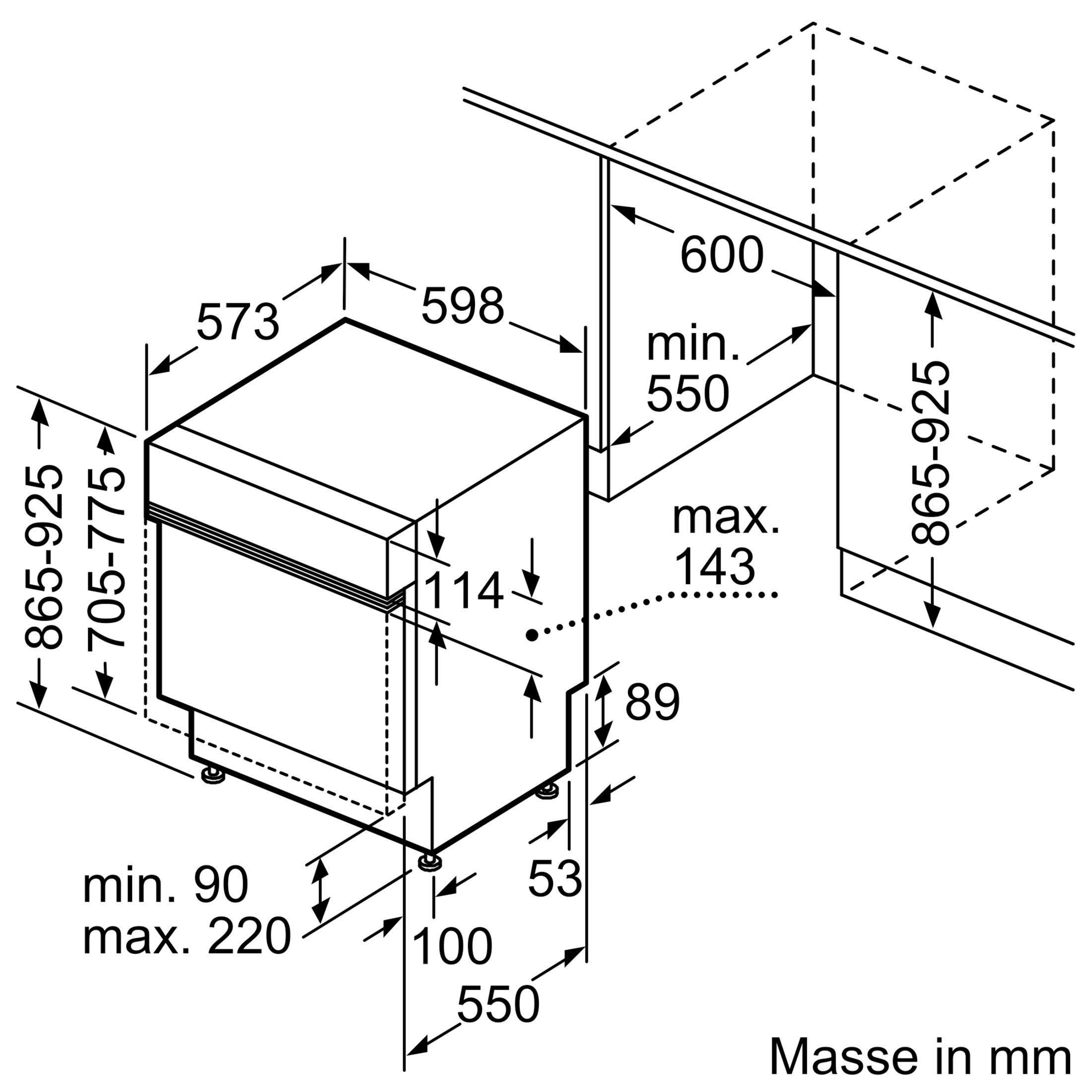 Disegno tecnico di una lavastoviglie con dimensioni in mm.