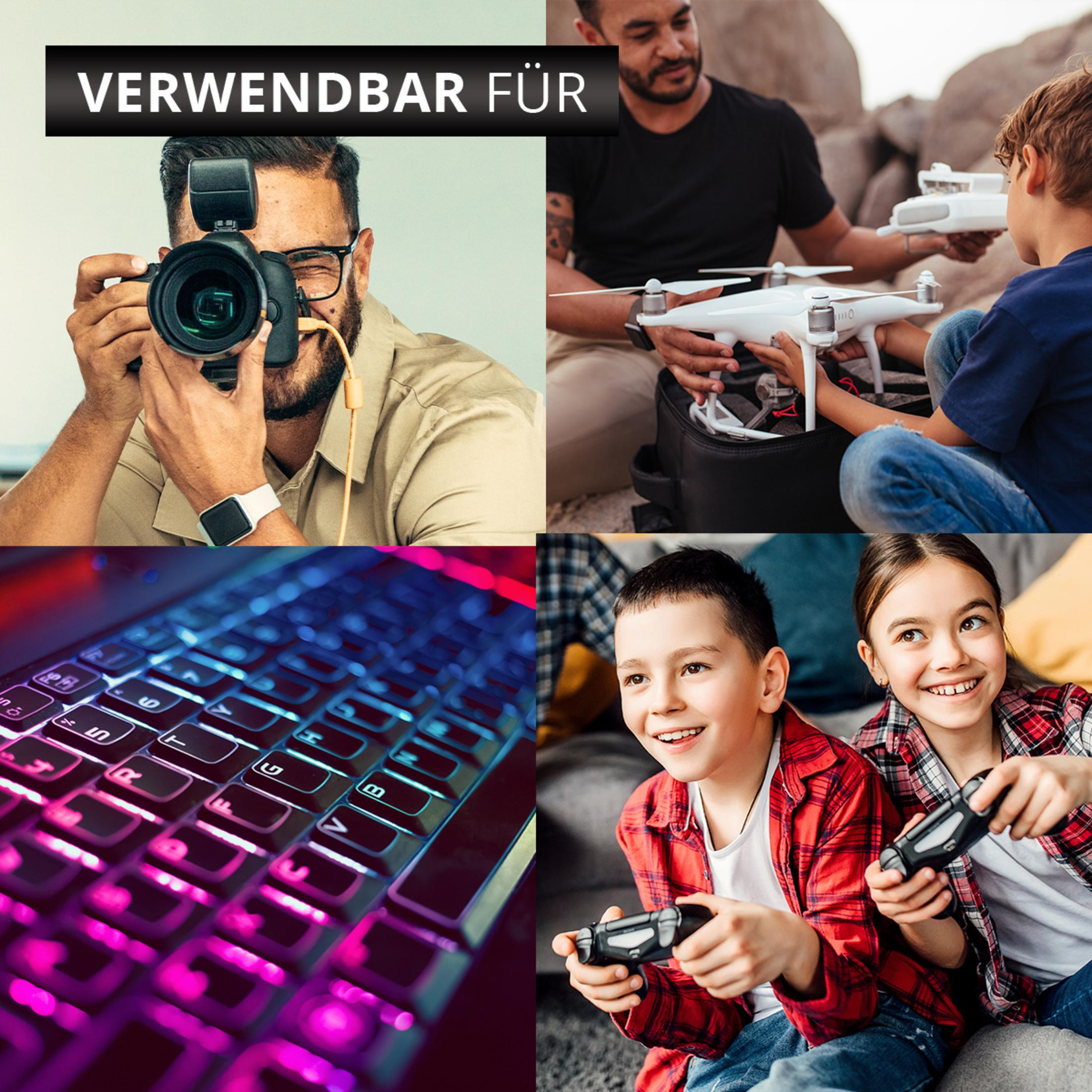 Vier Bilder: Mann mit Kamera, Vater u. Sohn mit Drohnen, Tastatur, Kinder spielen Videospiele.