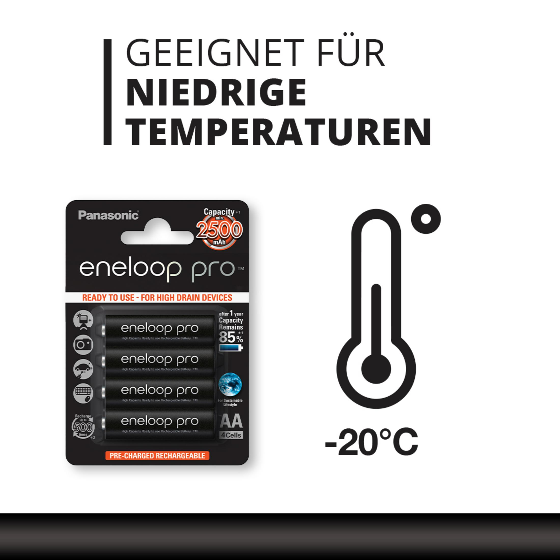Panasonic eneloop pro AA Batterien, 2500mAh, für niedrige Temperaturen, -20°C.