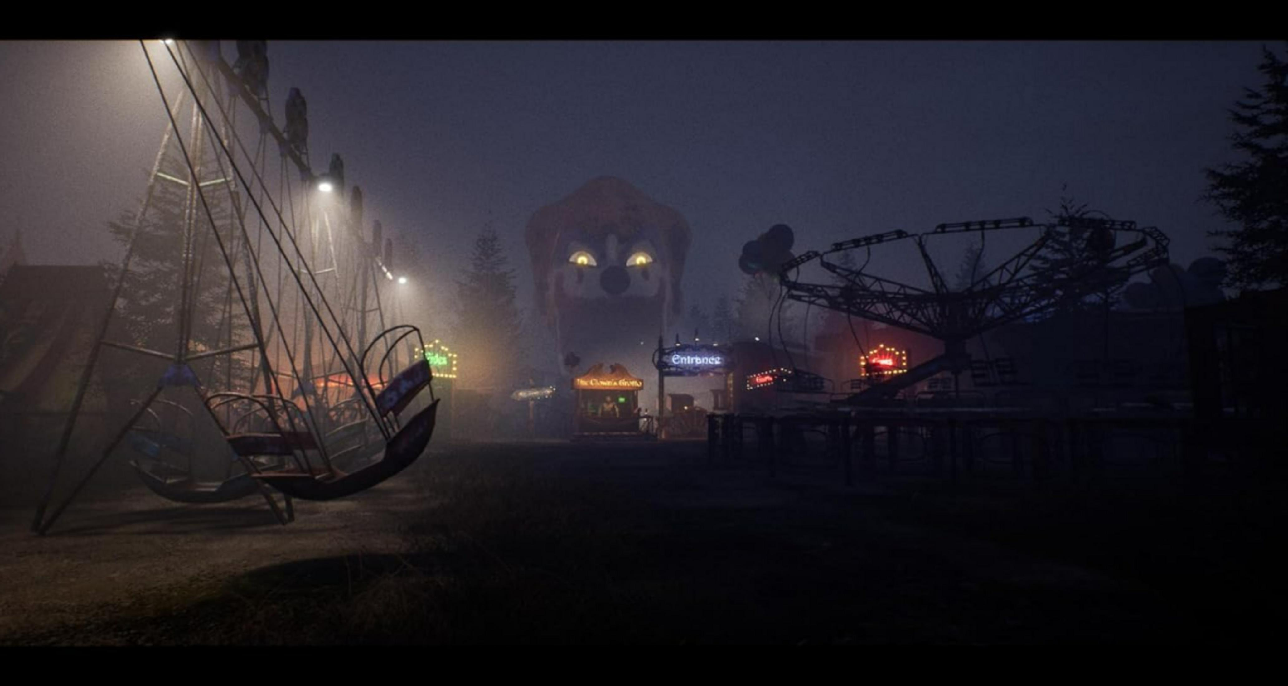 Spettrale scena di luna park notturno con una testa di clown gigante sullo sfondo e giostre.