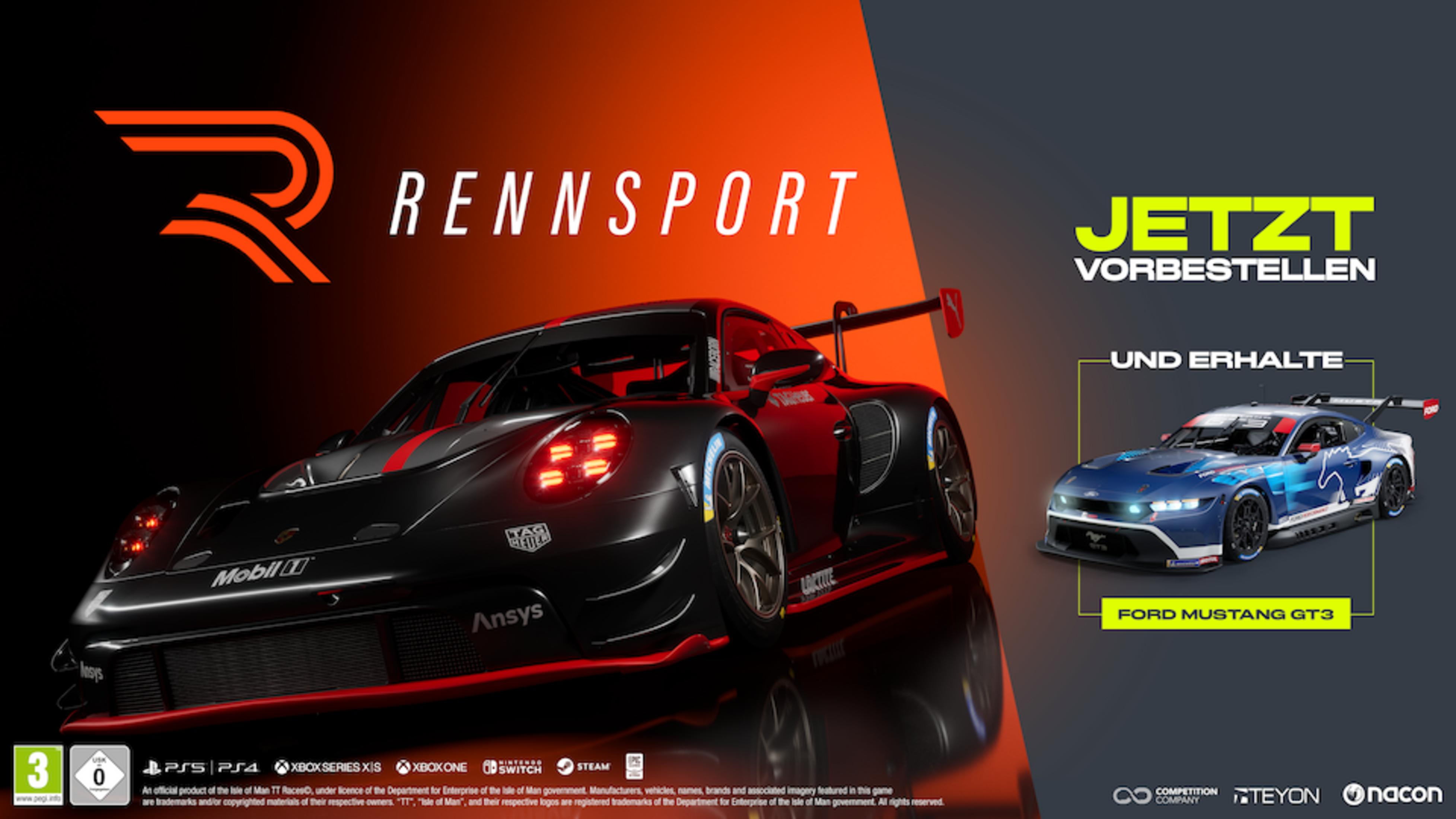 Logo Rennsport con Porsche nera e Ford Mustang GT3 blu.