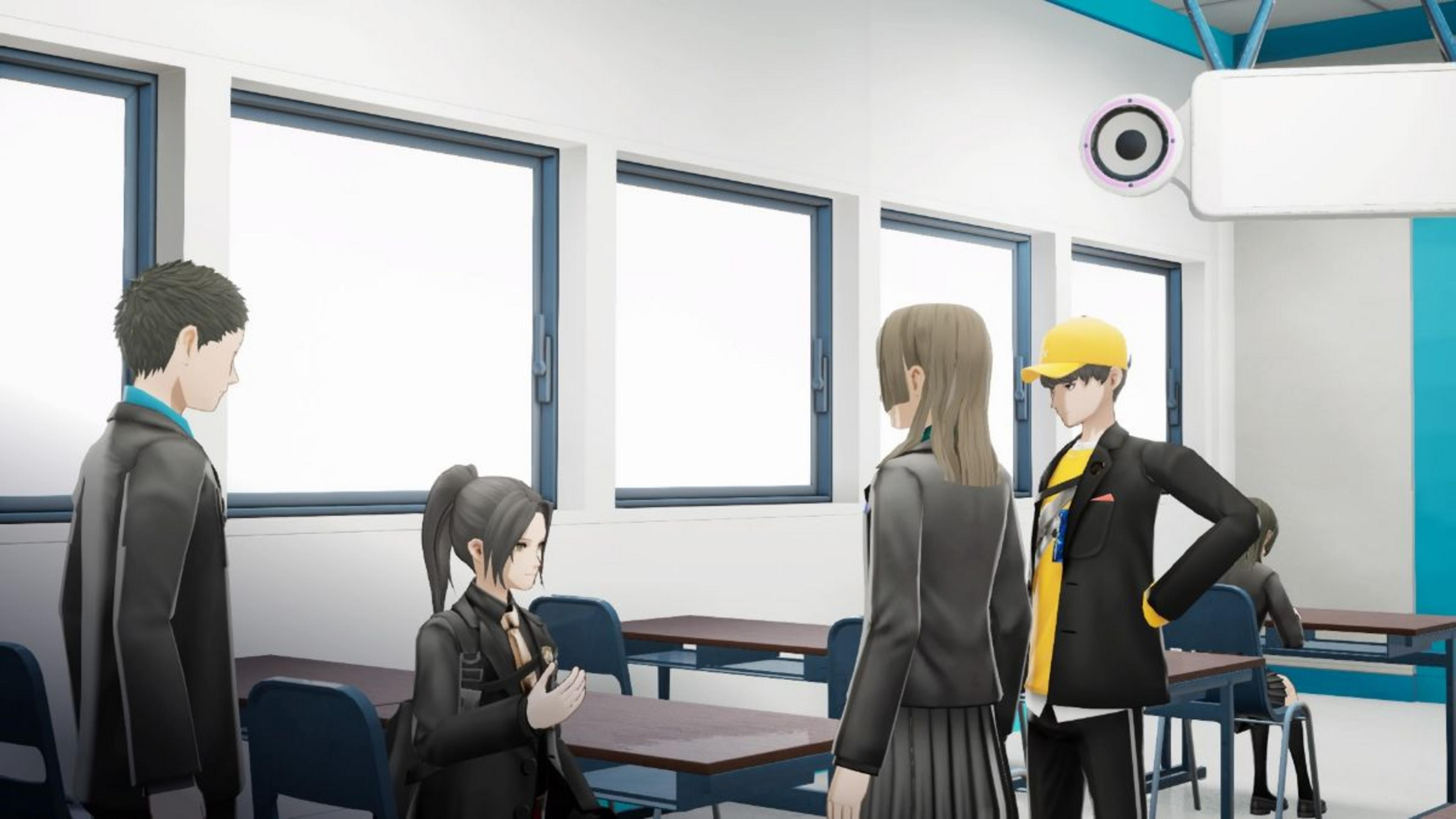 Vier Anime-Figuren in einem Klassenzimmer mit Schreibtischen und Fenstern.