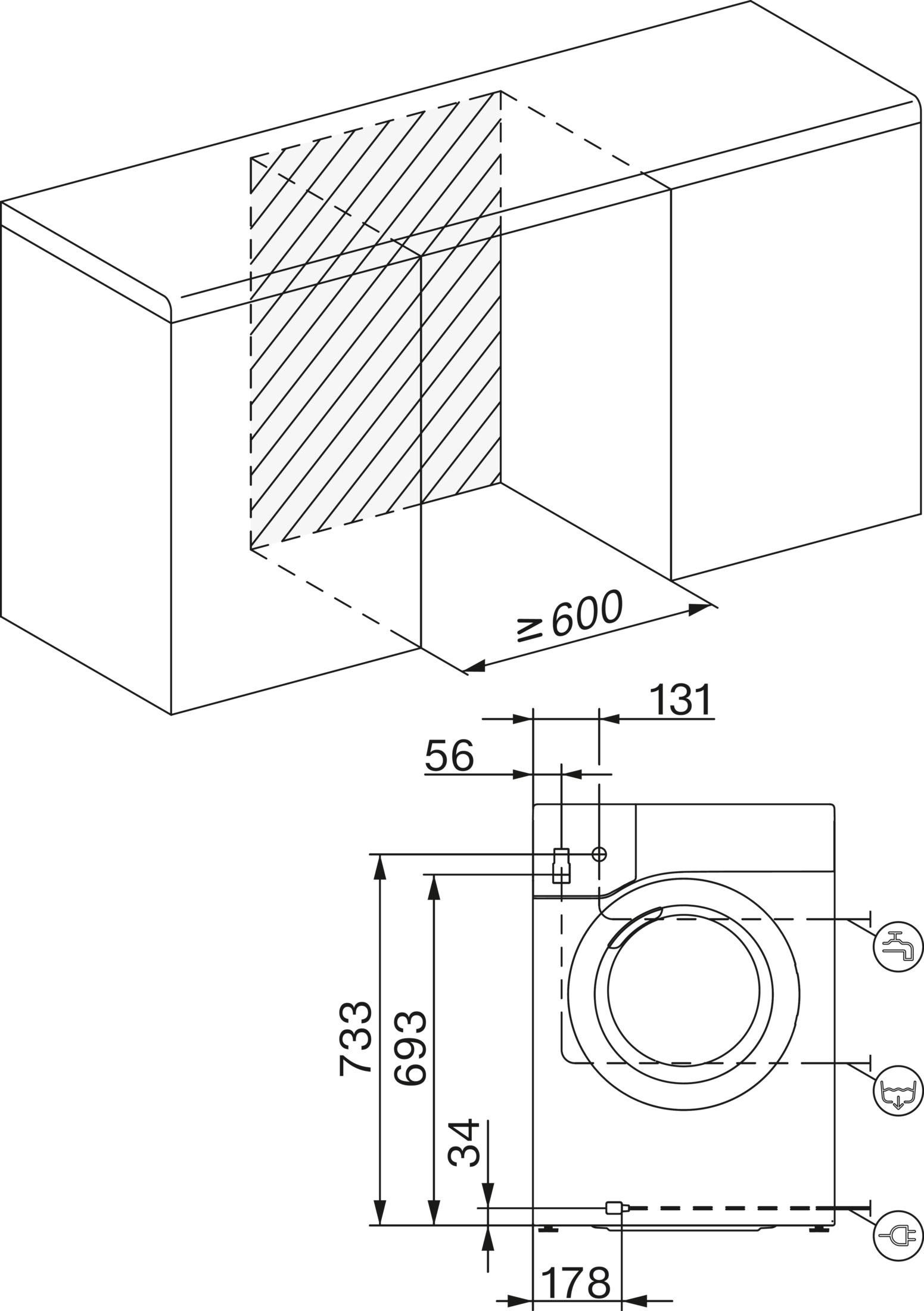 Technische Zeichnung einer Waschmaschine mit Maßangaben.