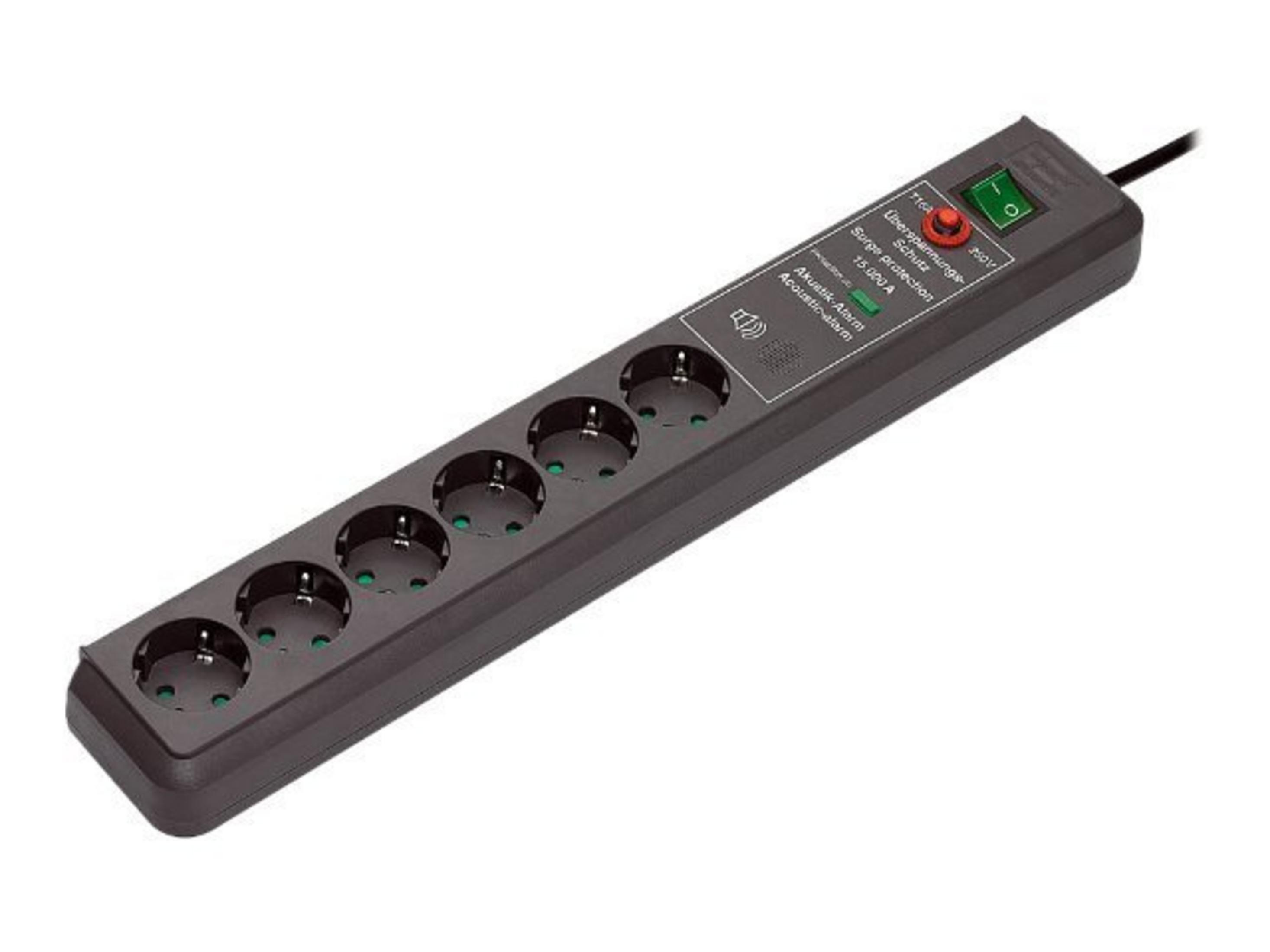 A dark power strip with six outlets and a switch.