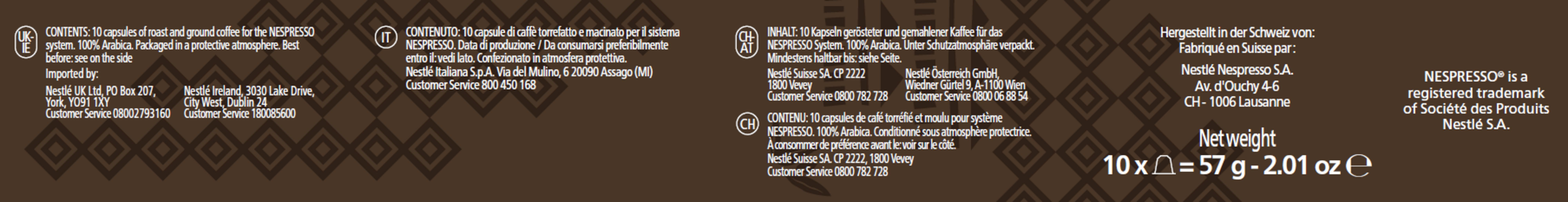10 Kapseln Nespresso Kaffee, 100% Arabica, 57g. Hergestellt in der Schweiz.