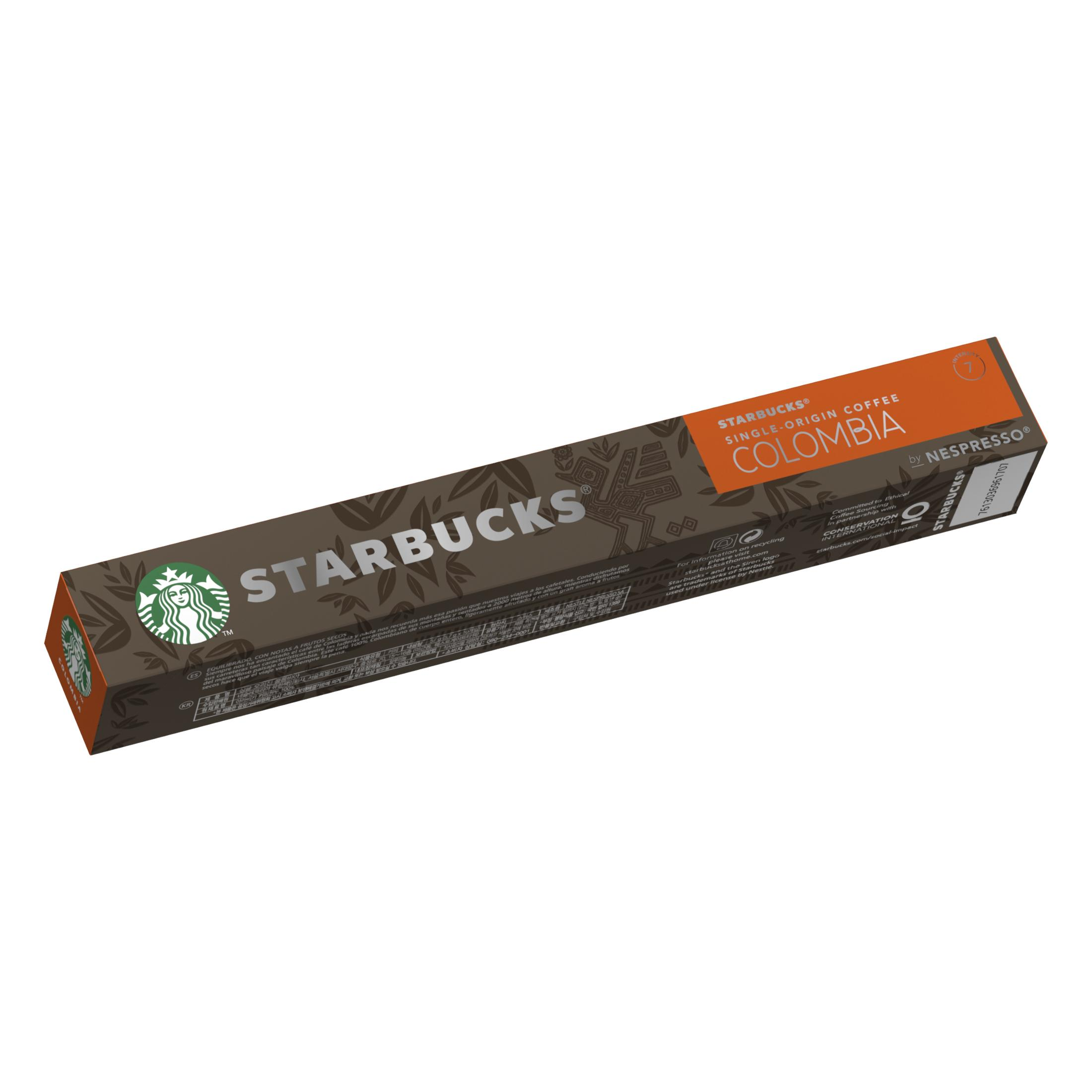 Starbucks Single Origin Kolumbien Kaffee Kapseln, braune Verpackung mit Blattmuster.