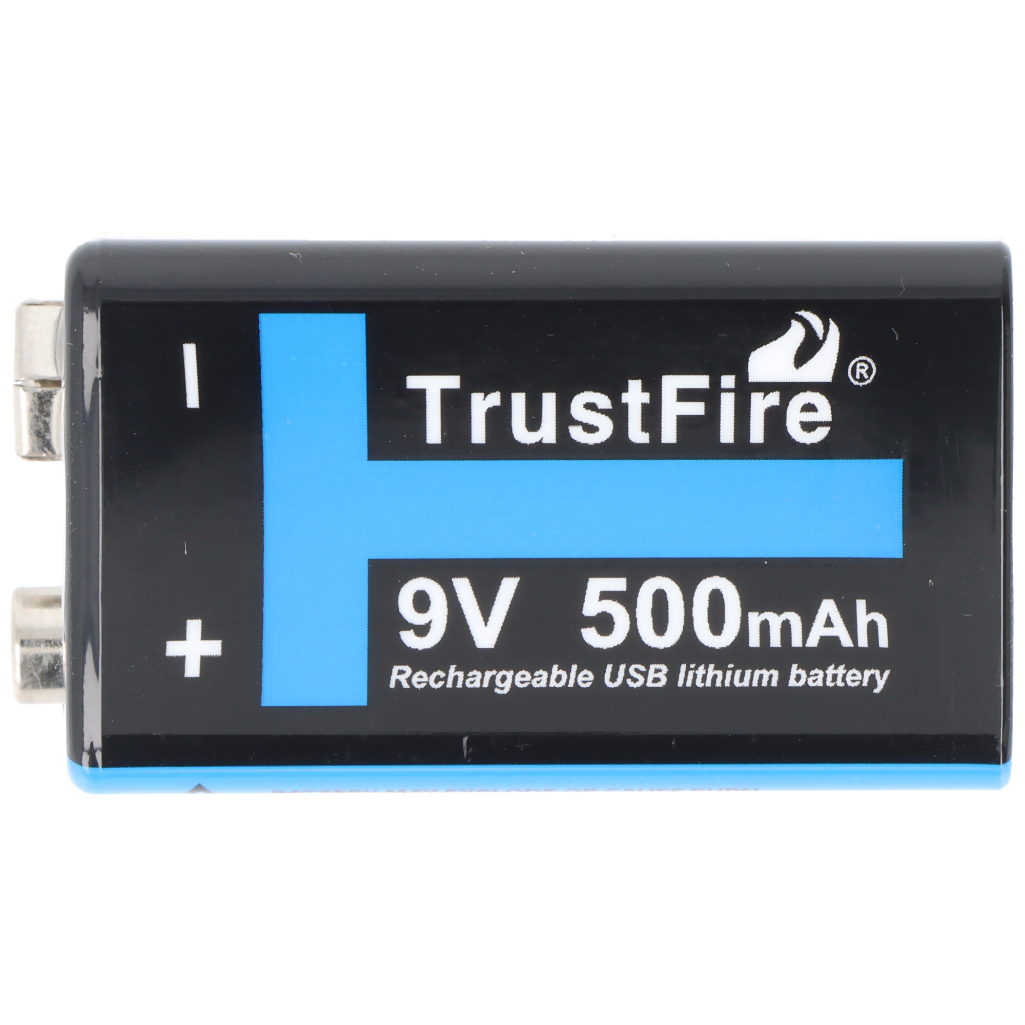 Zwarte 9V 500mAh TrustFire oplaadbare USB lithium batterij met blauwe markering.