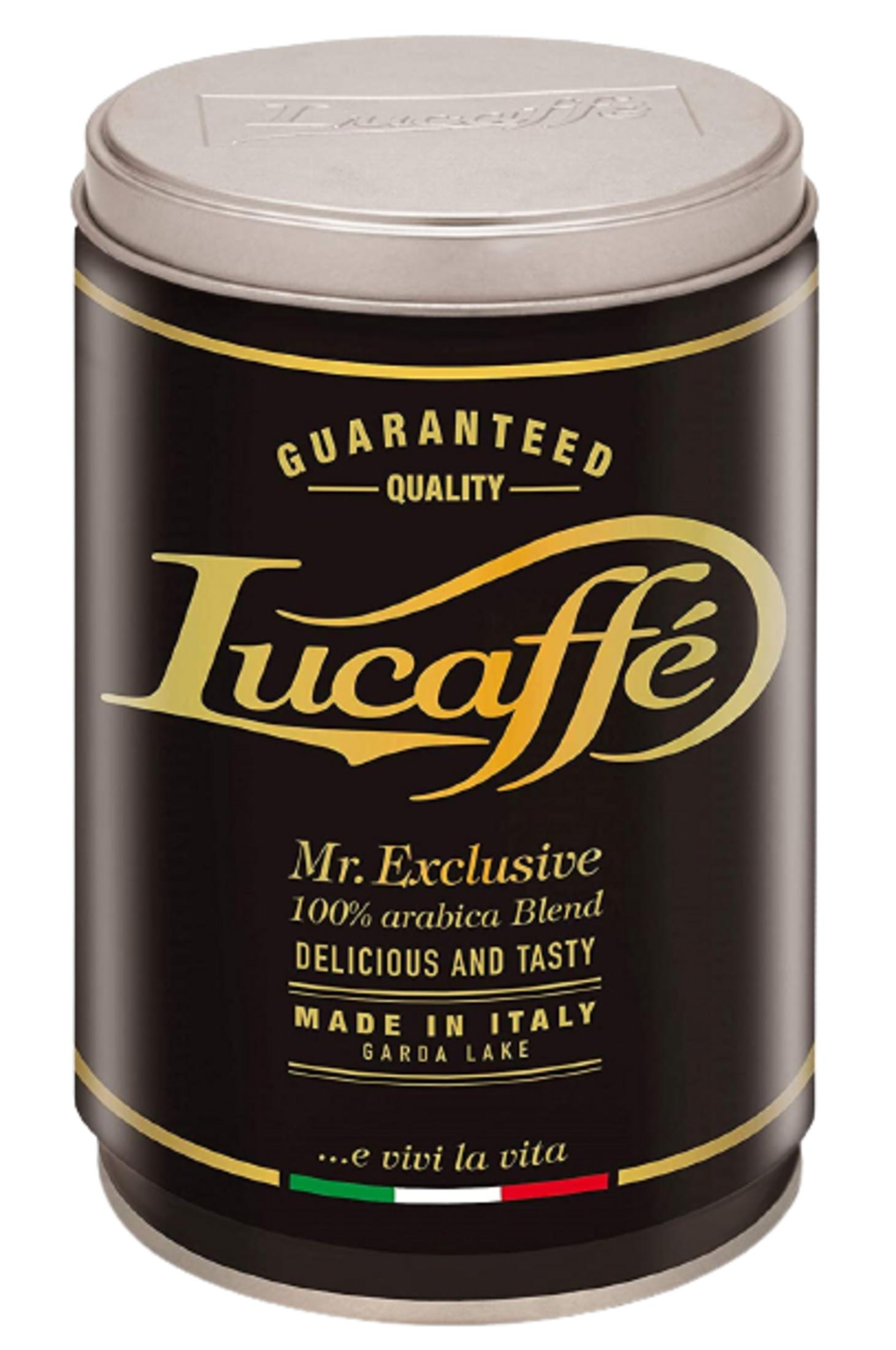 Schwarze Dose mit goldener Schrift für Lucaffé Kaffee, Made in Italy.