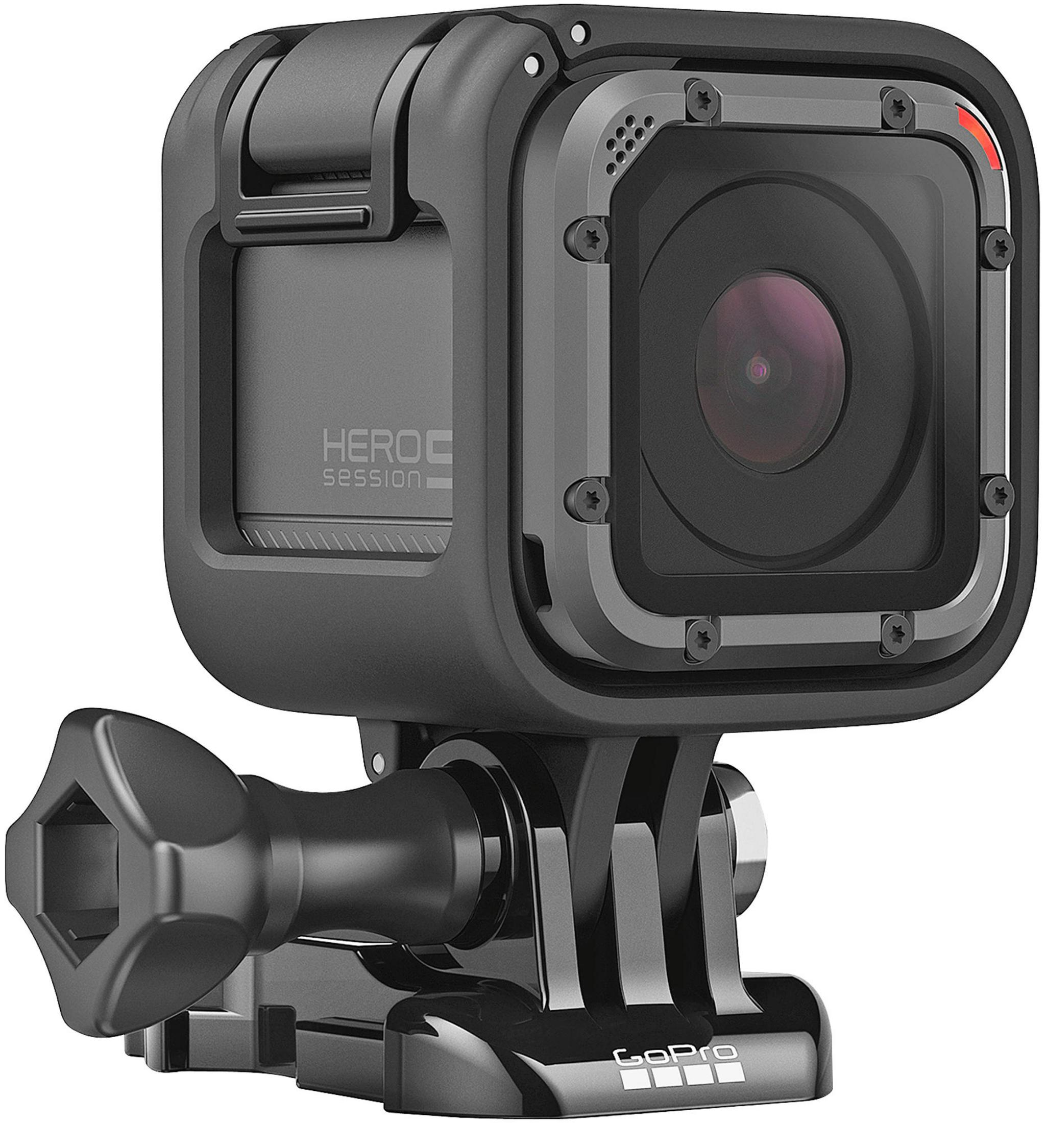 Kompakte schwarze GoPro HERO Session Kamera mit Halterung.