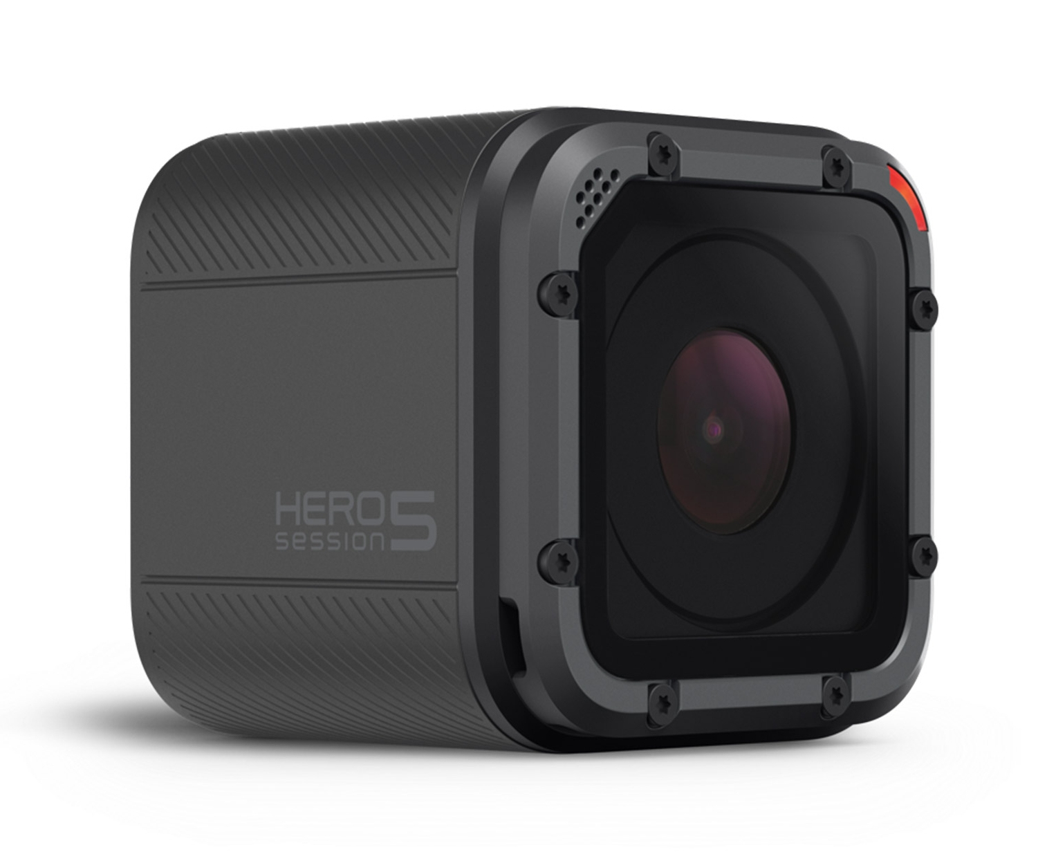 Ein dunkler, würfelförmiger GoPro Hero 5 Session mit Linse und rotem Licht.