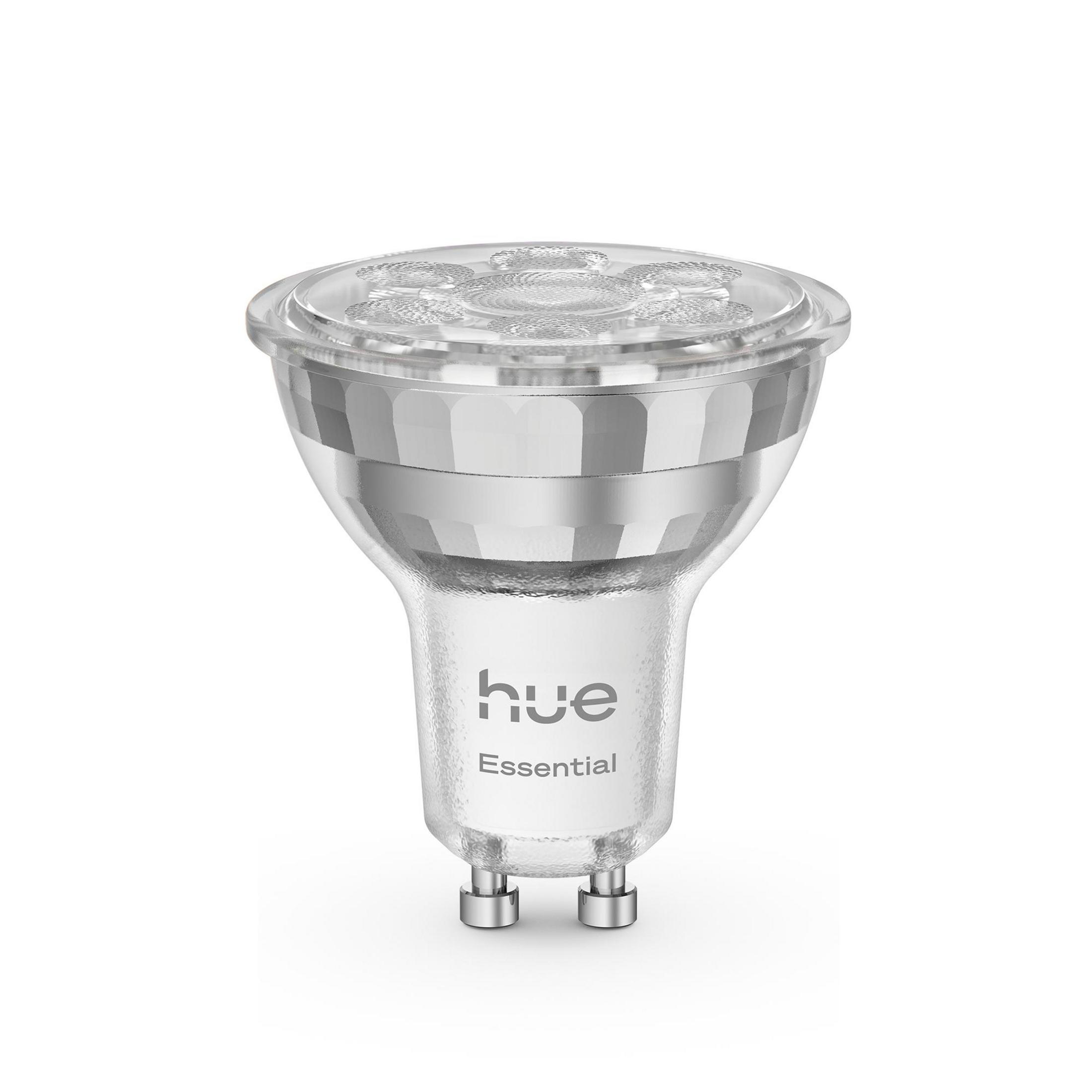 Eine einzelne Hue Essential Glühbirne mit silbernen Metallakzenten und klarem Gehäuse.