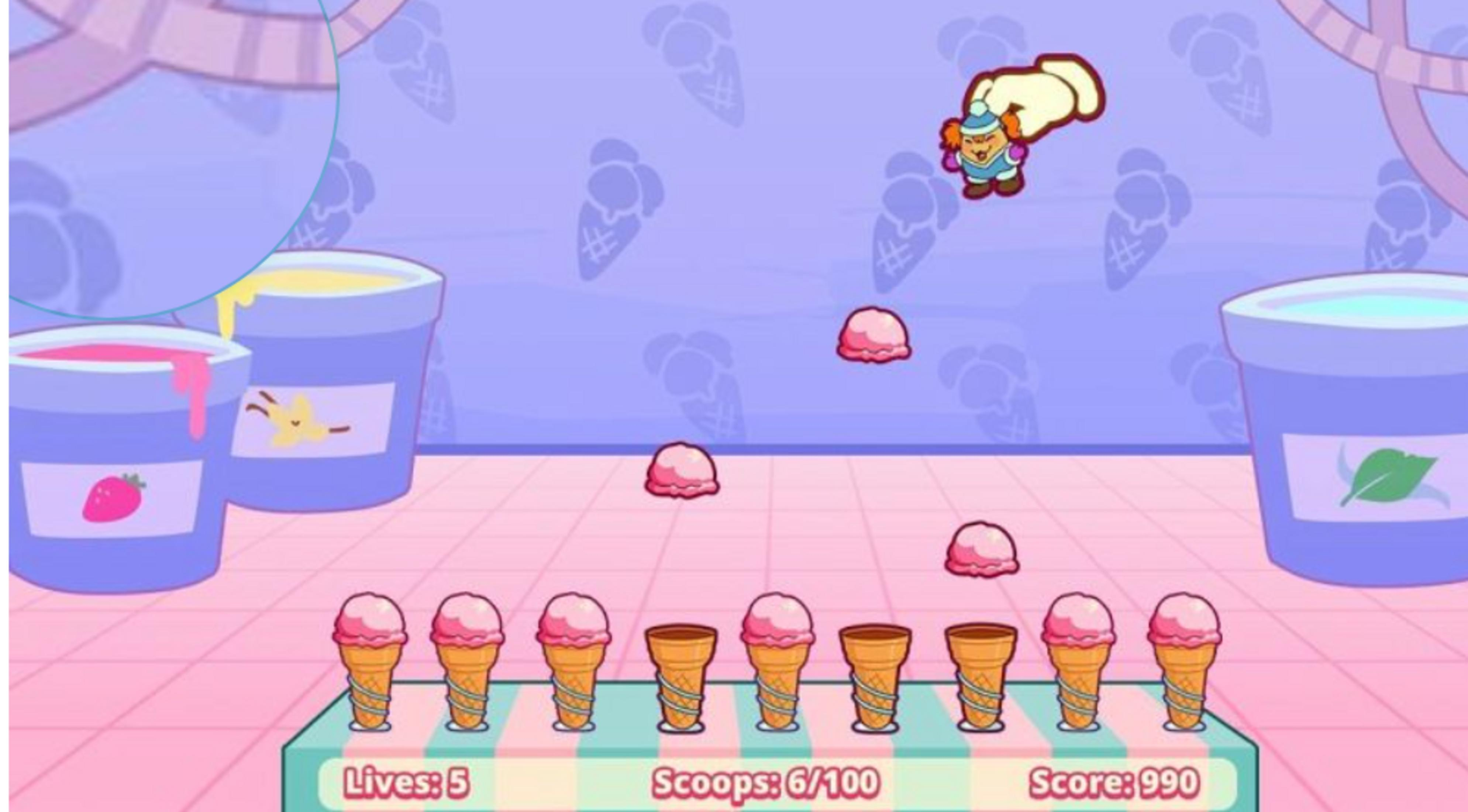 Una scena di gioco a cartoni animati con una pallina di gelato lanciata da una mano.